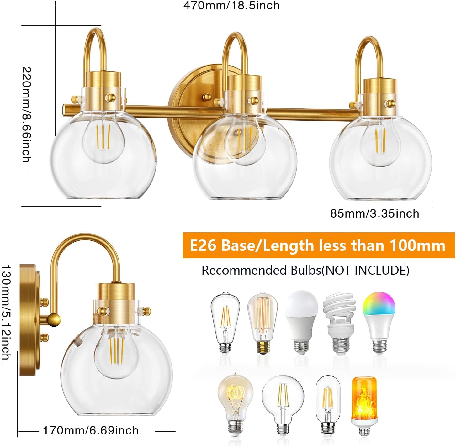 Lámpara de tocador de 3 luces, lámparas de baño de latón cepillado, apliques de pared de granja con pantalla de vidrio transparente de globo,