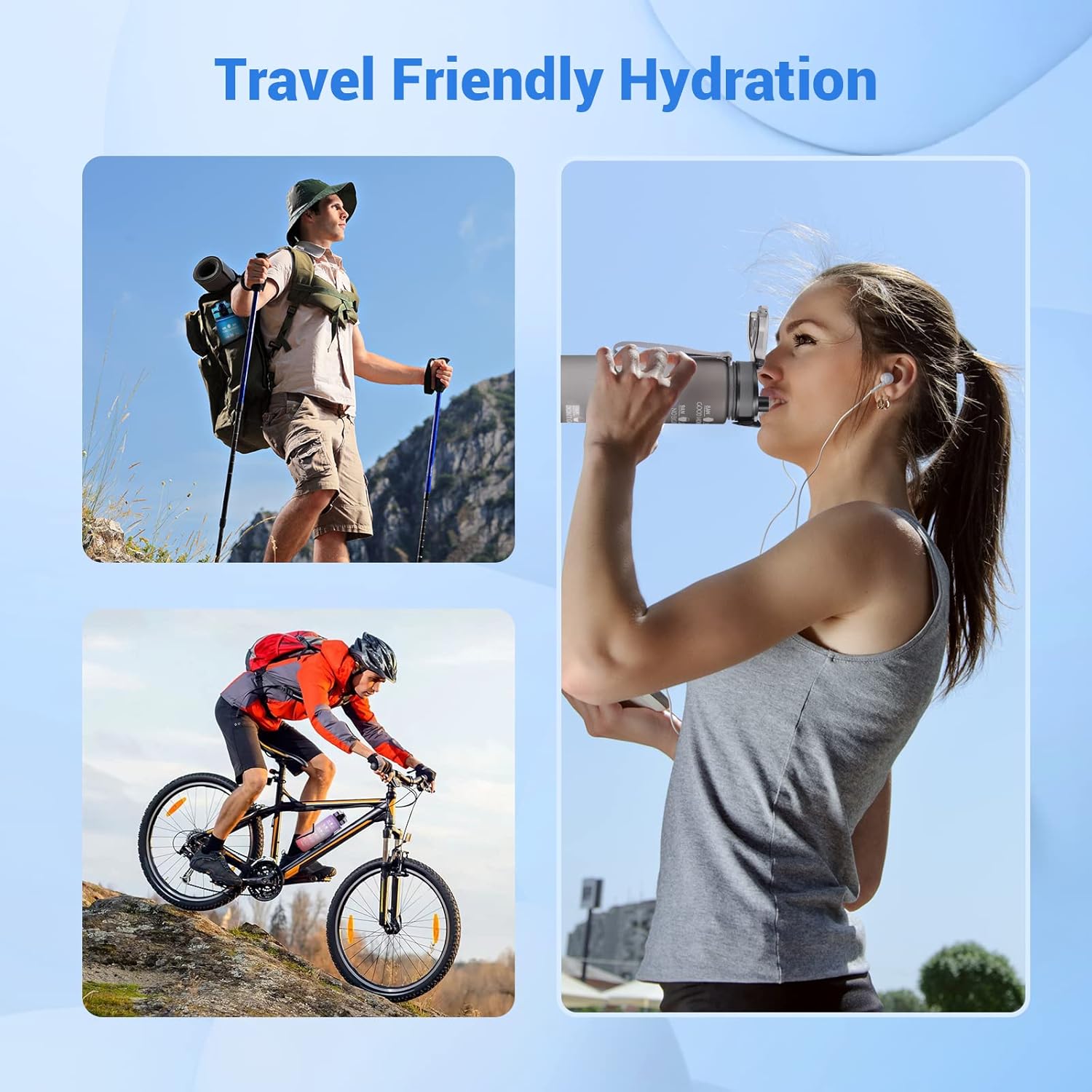 PZLife Botella de agua deportiva sin BPA, a prueba de fugas, 32 onzas, con escala de tiempo y colador de frutas, sabor no plástico, reutilizable,