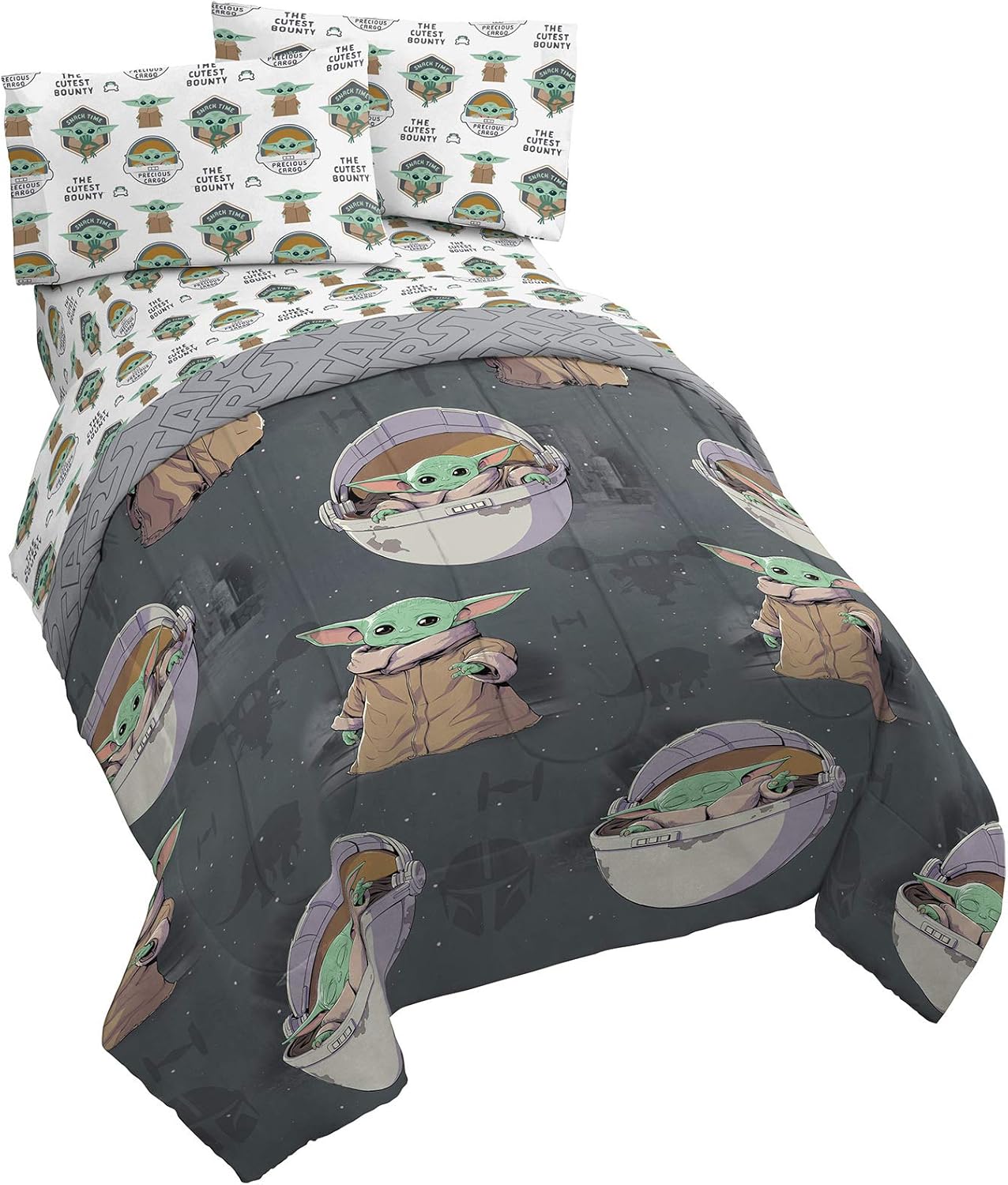 Juego de ropa de cama Queen de 5 piezas de Star Wars The Mandalorian The Child, incluye edredón reversible y sábanas con Baby Yoda, de microfibra