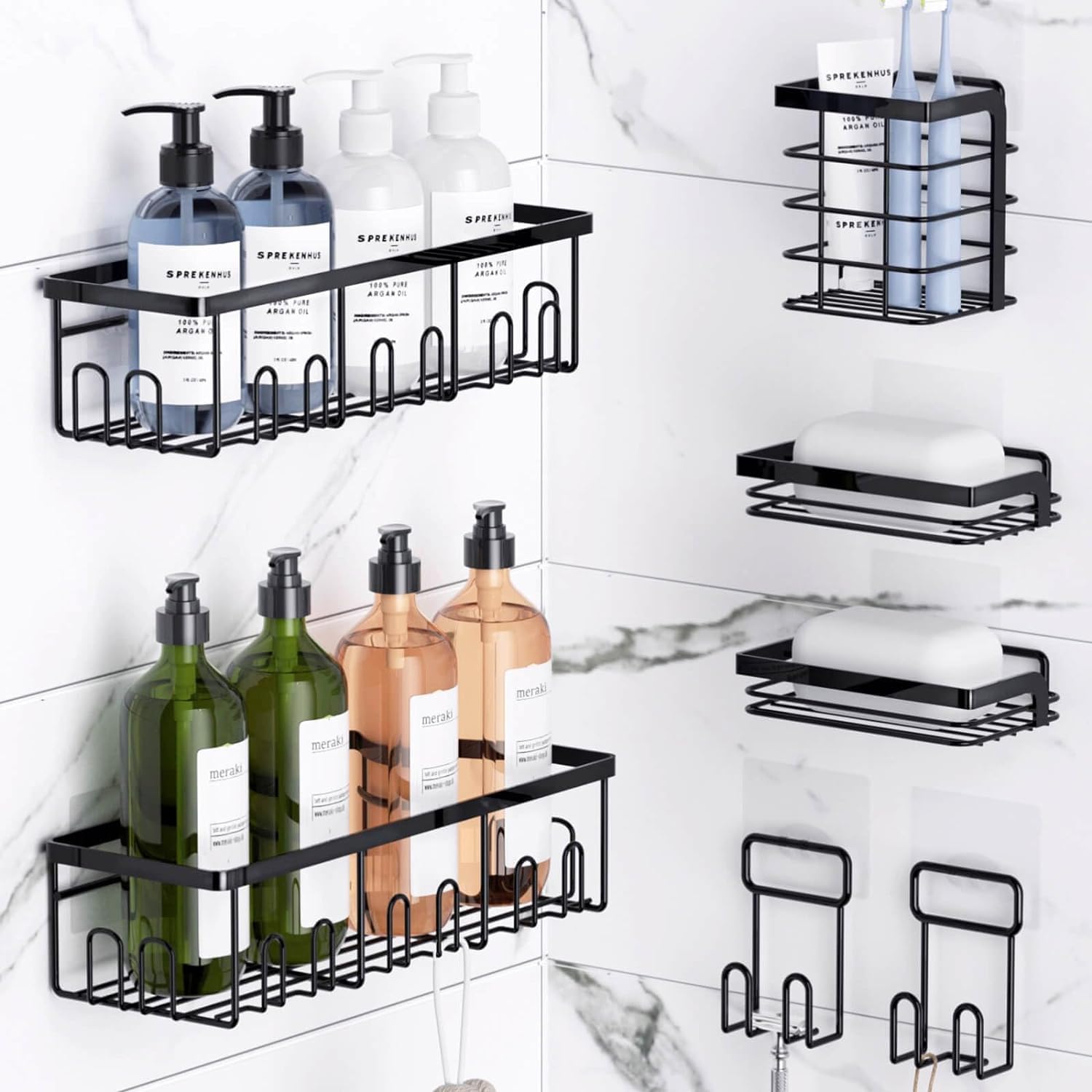 HSD Houseware Paquete de 7 organizadores de ducha adhesivos para almacenamiento de baño y cocina, estante de ducha adhesivo para ducha interior con