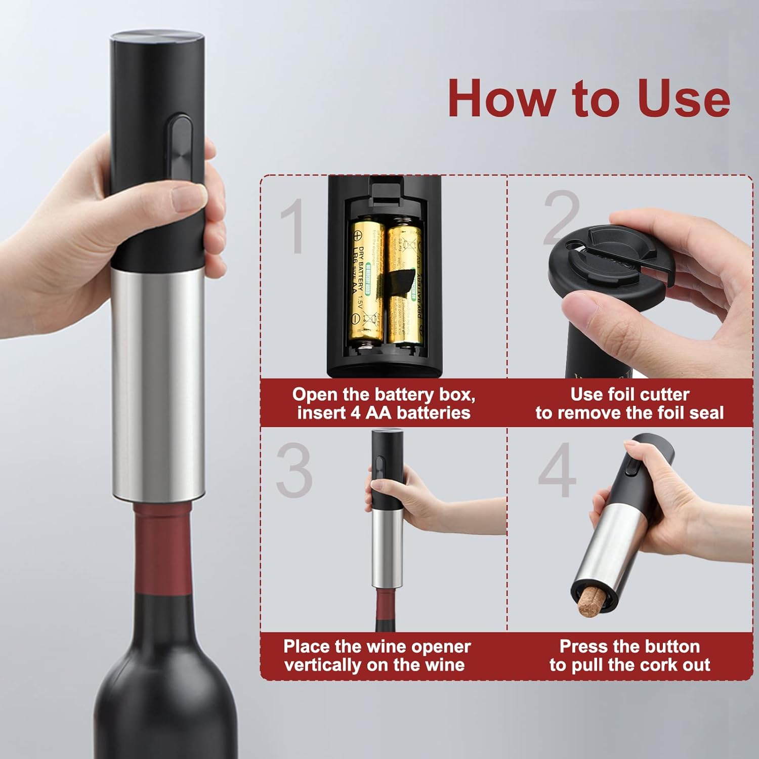 Abrevino eléctrico 4 en 1 juego de regalo con cortador de aluminio, tapón al vacío, vertedor de vino, funciona con pilas para fiestas, cocina y