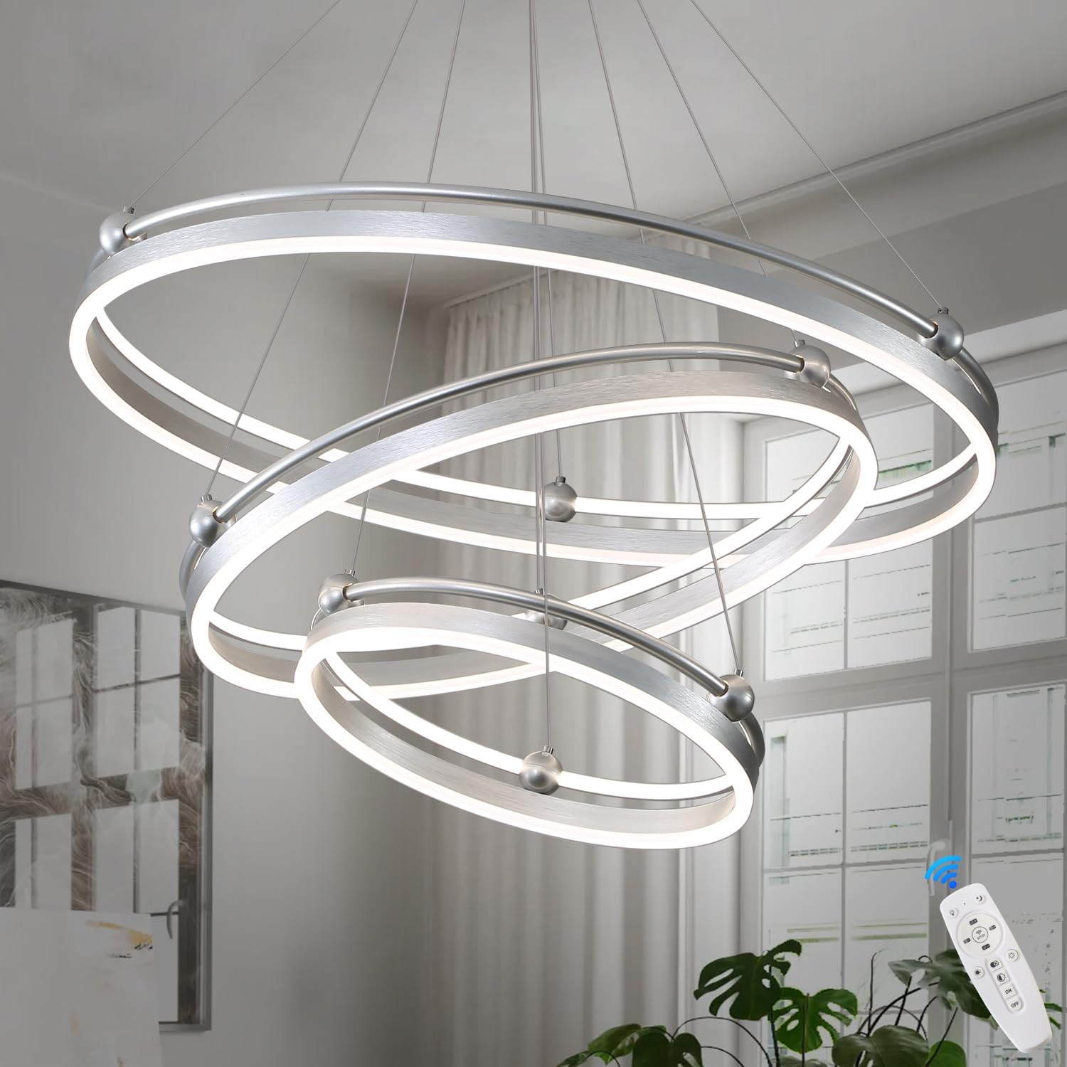 Candelabro LED moderno de 3 anillas, plateado, regulable, 230 W, 3 puntos luminosos, altura ajustable, cables de 59 pulgadas, adecuado para salas de
