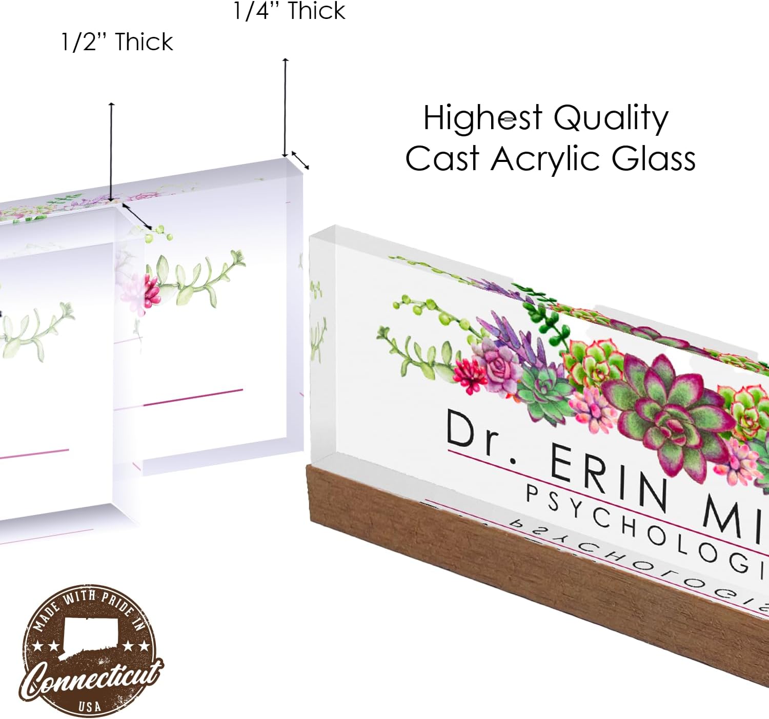 Artblox Placa de identificación personalizada de oficina para escritorio con tarjetero en vidrio acrílico transparente, diseño de flores suculentas,