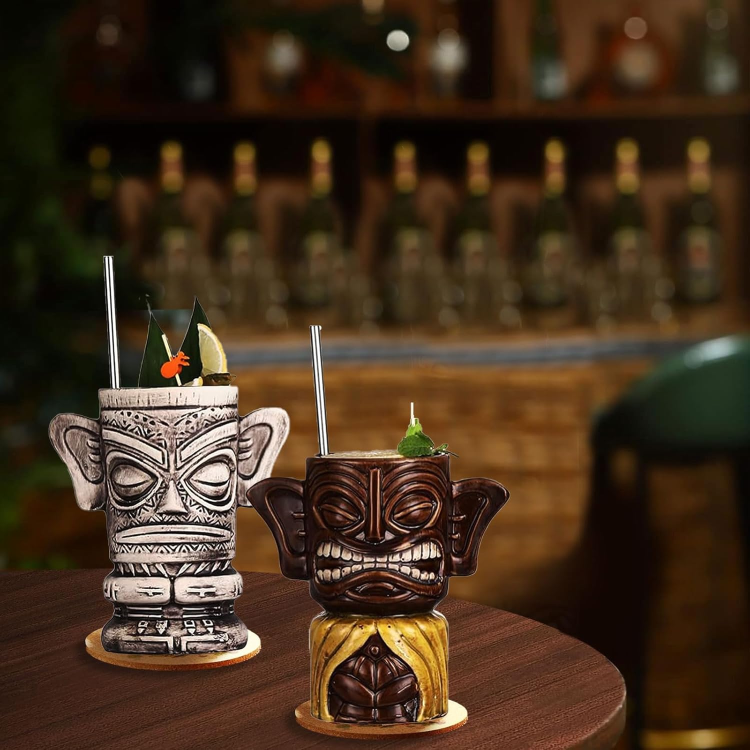 Juego de 4 tazas Tiki para cóctel, vasos de cerámica Tiki. Bonitas copas de cóctel exóticas para fiestas de estilo hawaiano, vasos tropicales para