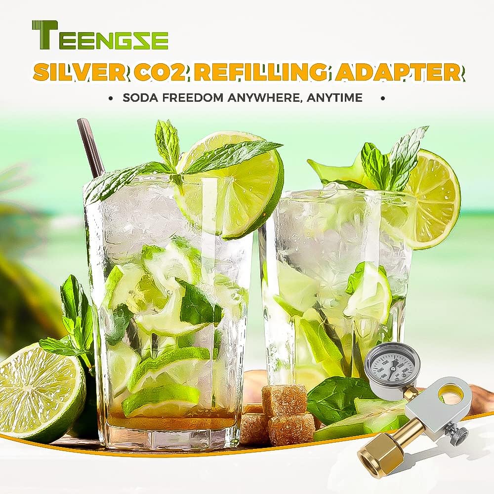 Adaptador de recarga de CO2 con medidor de presión, adaptador rápido de repuesto de carbonatador de intercambio de soda plateado TEENGSE compatible