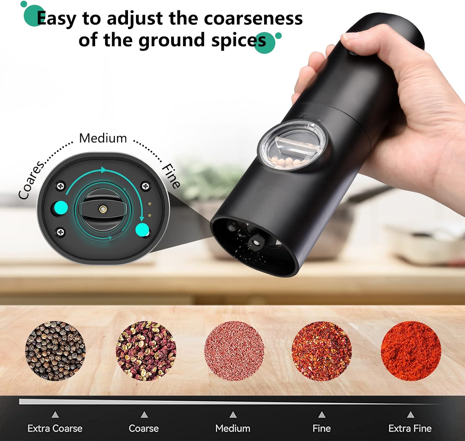 FETLLESN Juego de molinillo eléctrico de sal y pimienta, juego de molinillo de pimienta automático recargable, luz LED, con una sola mano, con - Imagen 4