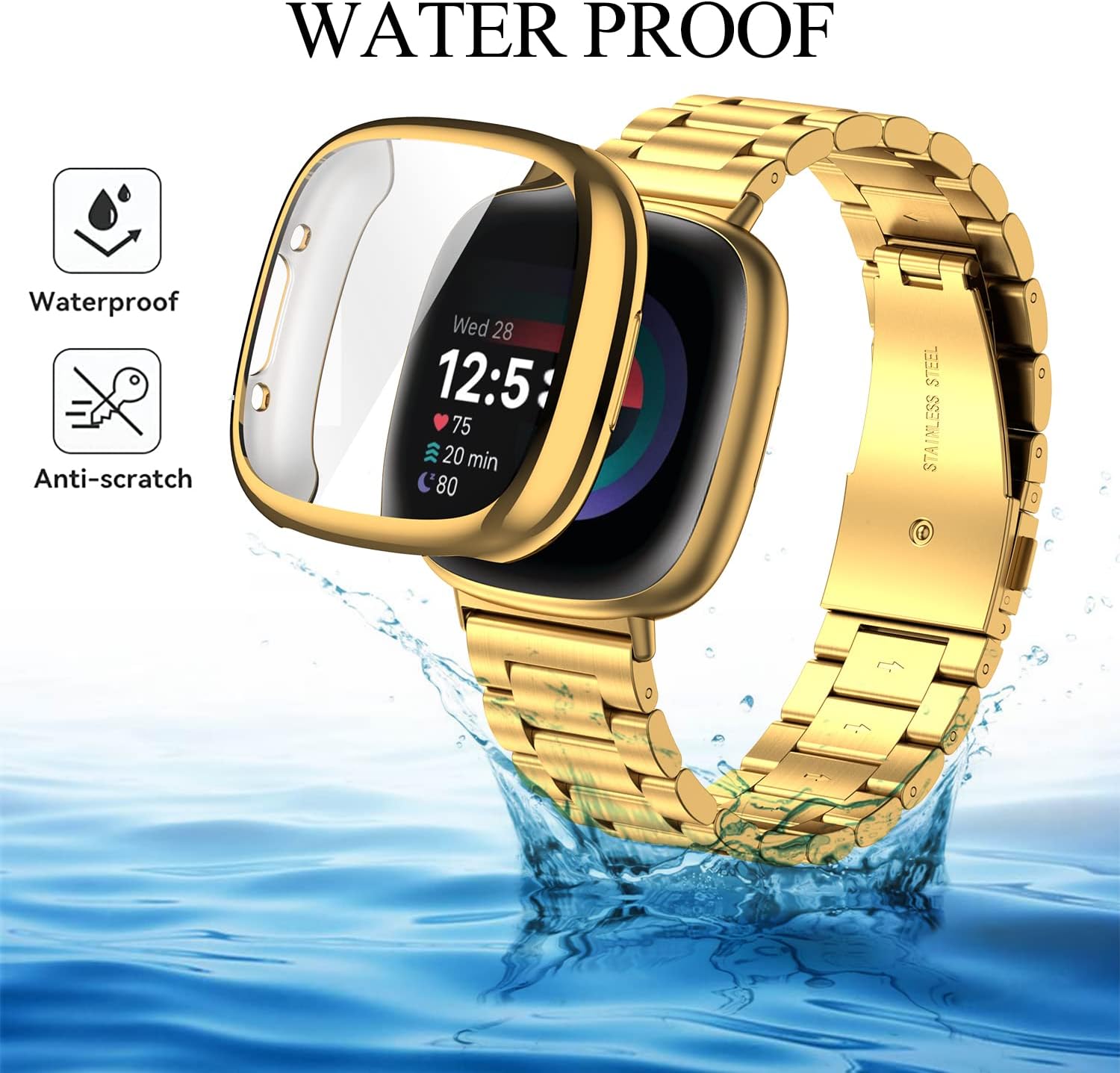 ZPJPPLX Correa de acero inoxidable sólido para Fitbit Versa 4Sense 2 con funda de reloj, correas de repuesto de metal Versa 3Sense y funda