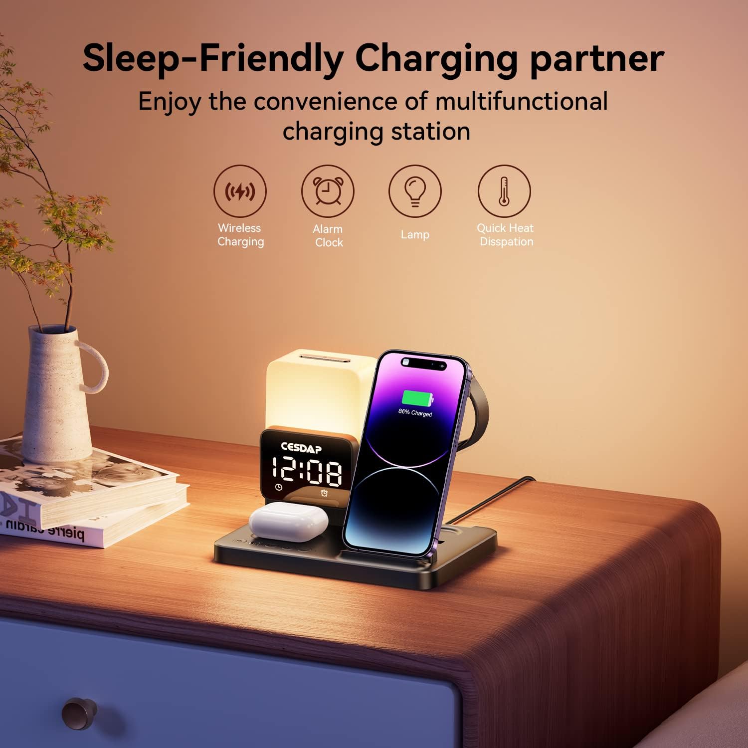C3 Pro – Estación de carga plegable 6 en 1 para múltiples dispositivos con luz de reloj despertador, cargador de 18 W para iPhone 1514131211 para