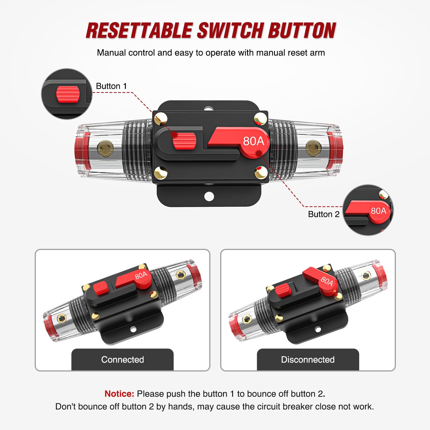 Nilight Disyuntor en línea 80A reiniciable 12-24V CC Soporte de fusibles de reinicio manual de 3-15 AWG protección de sobrecarga para sistema de