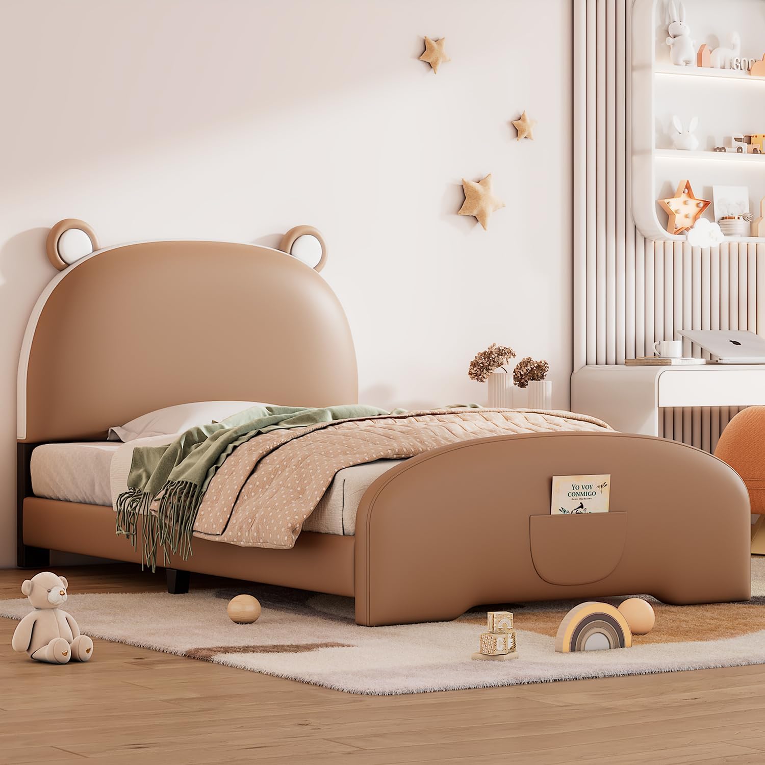 Cama de plataforma tapizada de tamaño individual con cabecero y estribo en forma de oso, marco de cama para niños y niñas y adolescentes,
