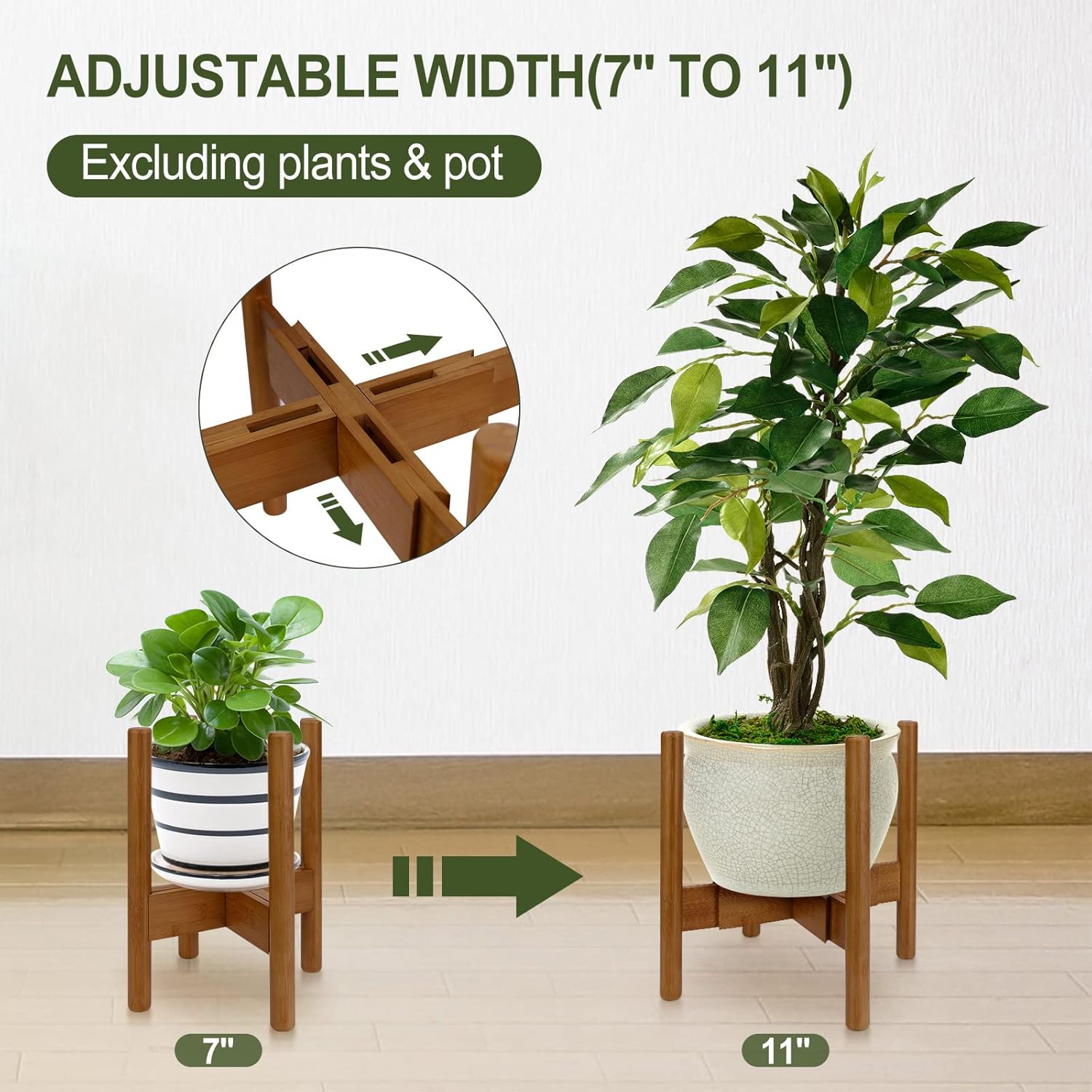 Blvornl Paquete de 1 soporte ajustable para plantas de interior, soporte para plantas de mediados de siglo, soporte estable de bambú para macetas de