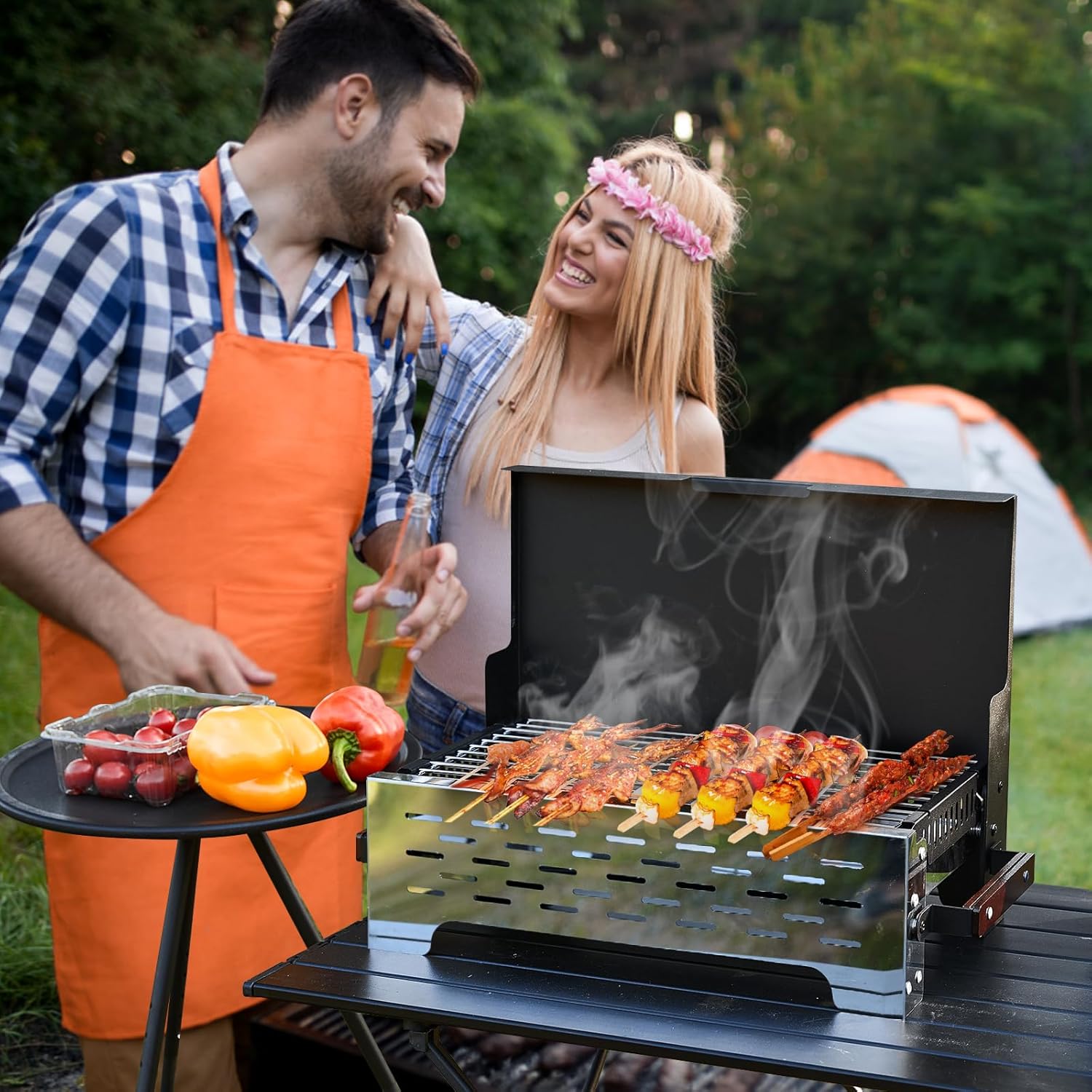AUXTUR Parrilla de carbón portátil plegable, escritorio de barbacoa, mesa para ahumar al aire libre, acero inoxidable, barbacoa, portátil, ligera,