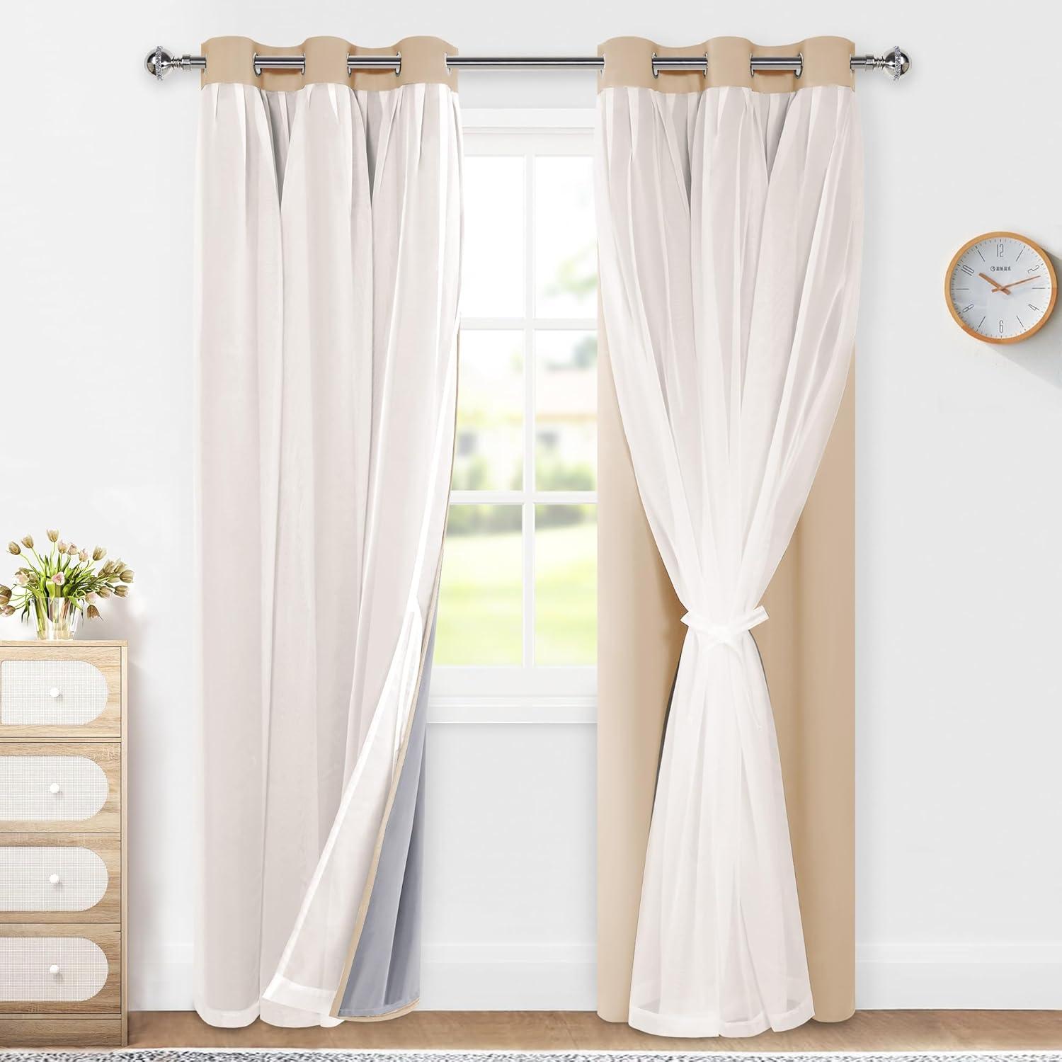 Cortinas 100% opacas con superposición transparente, doble capa con ojales, aislamiento térmico, cortinas de privacidad con forro negro para