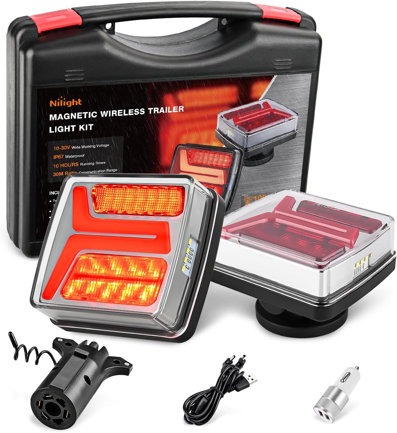 Nilight Kit de luces magnéticas para remolque, 2 unidades, 58 LED, luz trasera inalámbrica, luz trasera recargable, luz de parada de giro para