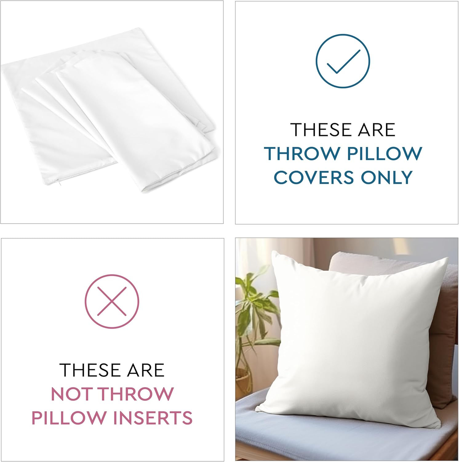Encasa XO Juego de 4 fundas de almohada de 18 x 18 pulgadas  Sin relleno  Fundas de almohada de algodón para sala de estar, cama, sofá, sofá  Fundas