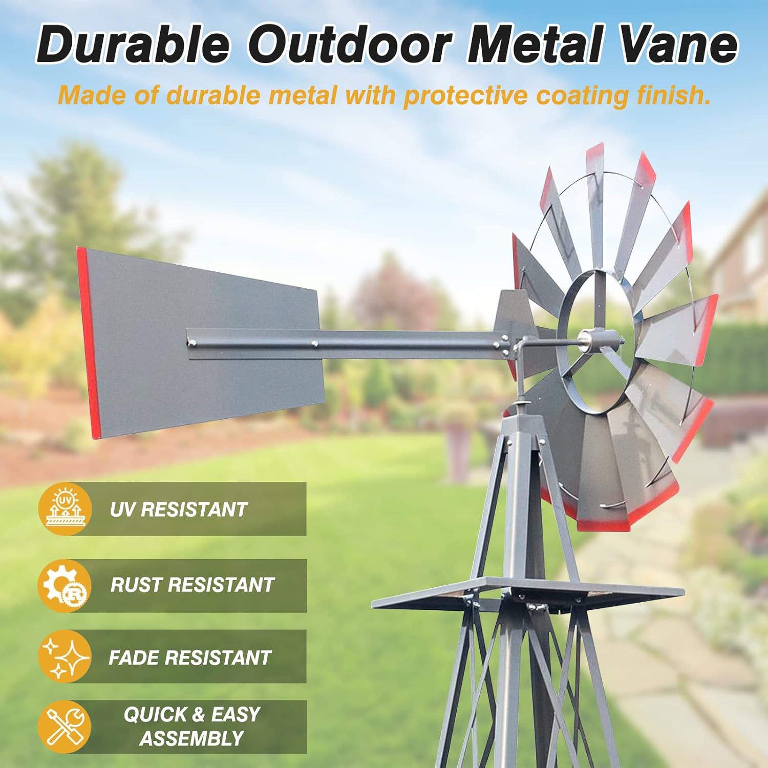 Molino de viento ornamental de 8 pies, decoración de jardín, veleta meteorológica, molino de viento de metal resistente a la intemperie, diseño de 4