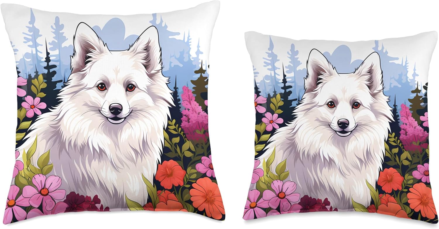 Lindo perro esquimal americano en primavera flor prado arte naturaleza almohada, 18 x 18 pulgadas, multicolor