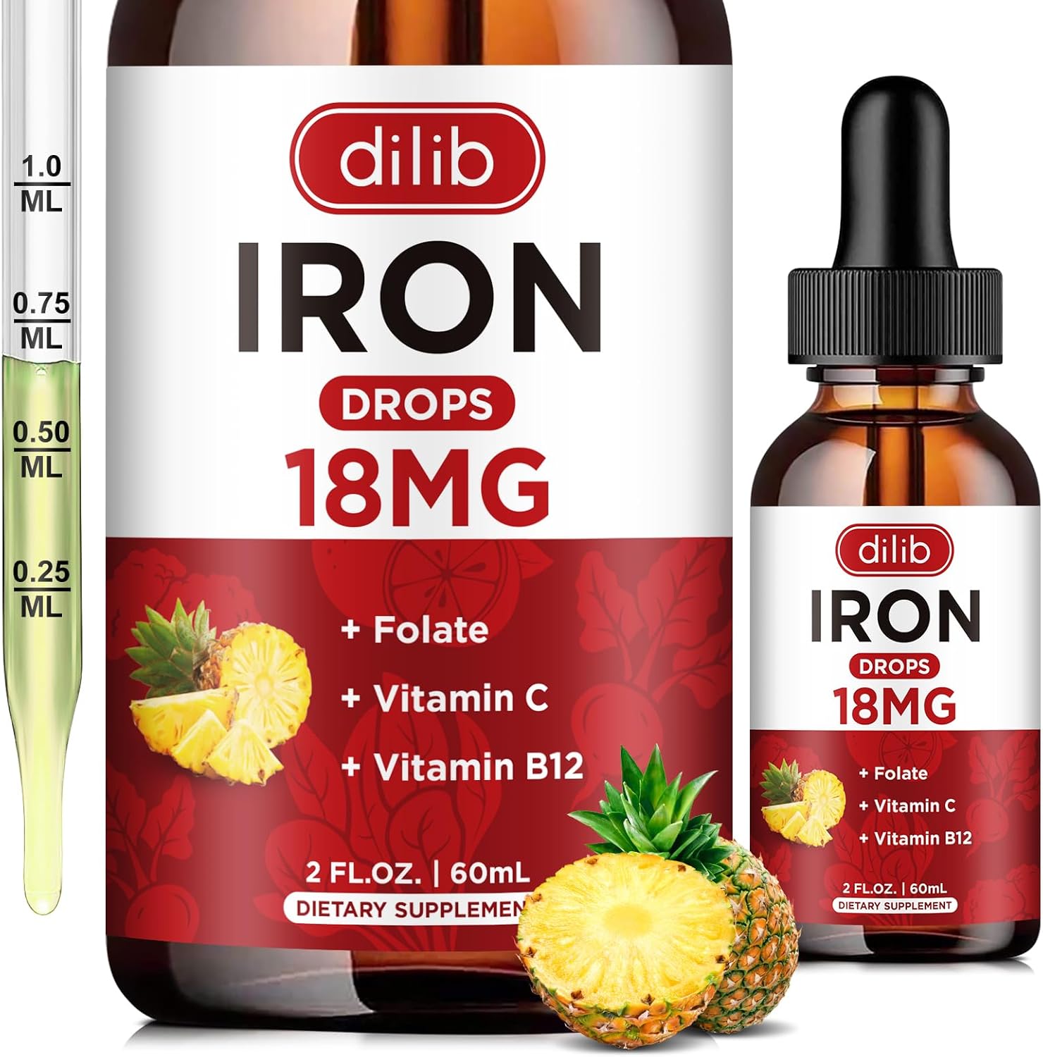 Suplemento de hierro líquido para mujeres y hombres, suplementos de hierro para anemia con folato, vitamina C, B12 para soporte de glóbulos rojos,