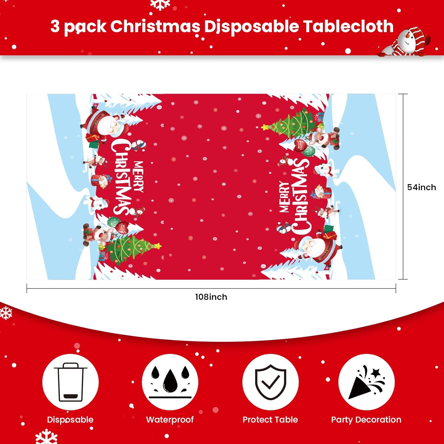 3 manteles de plástico de Navidad desechables, 54 x 108 pulgadas, mantel rectangular de vinilo rojo de Navidad, copos de nieve, para decoración de