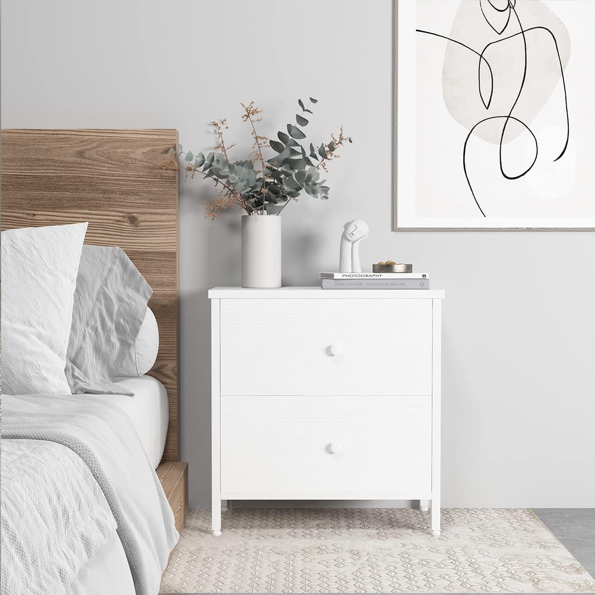 BOLUO Mesita de noche blanca con 2 cajones para dormitorio, mesita de noche pequeña con cajones de tela, mesita de noche moderna