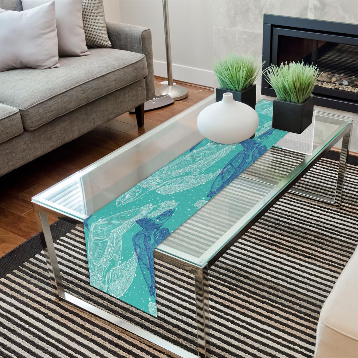 Table Runner Abstract Ocean Turtle, Rustic Linen Table Cloth, Kitchen Dining Table Decoration for Home Party Decor 13 x 48 Inches
