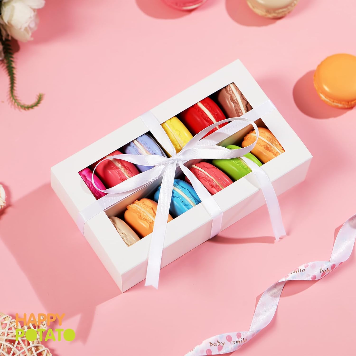 Paquete de 15 cajas de macarrones para 12, 7.2 x 4 x 1.9 pulgadas, cajas de embalaje de macarrones, cajas de macarrón blanco con ventana