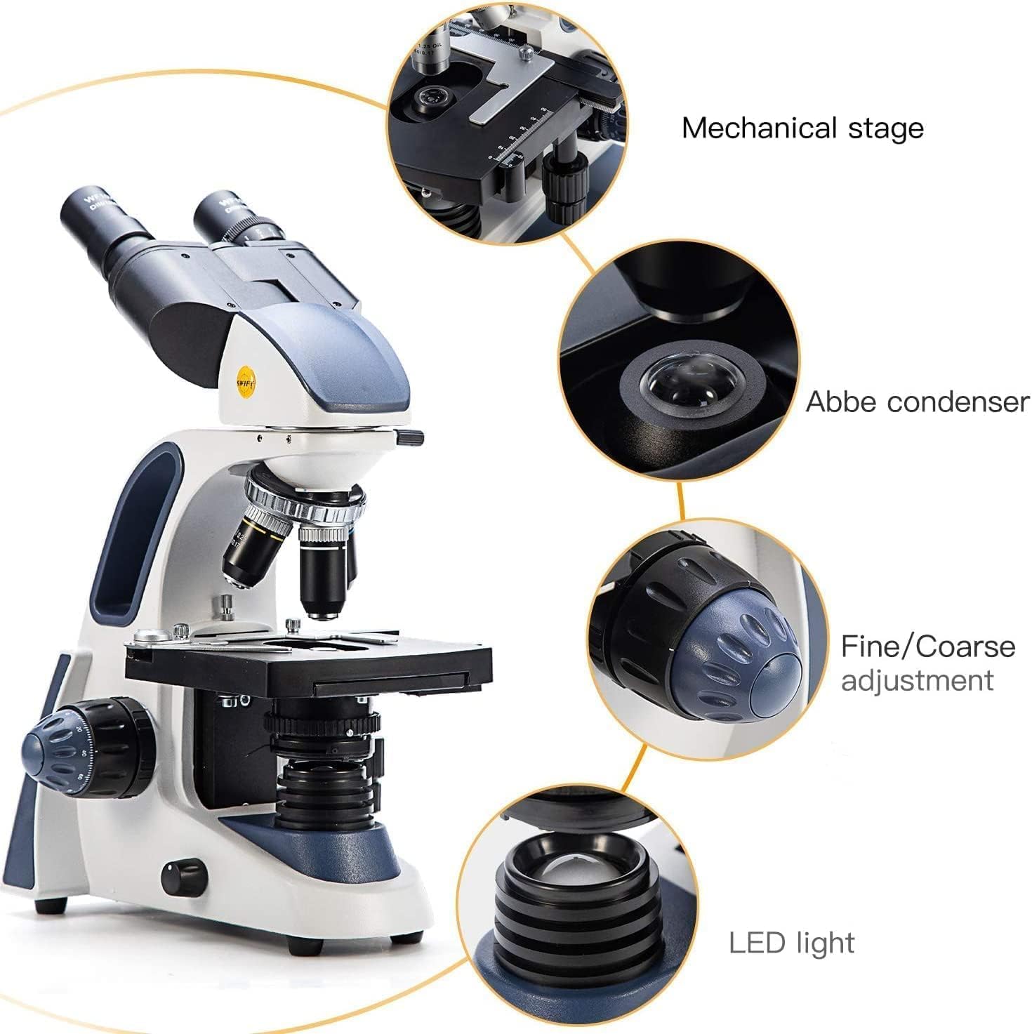 Swift Microscopio compuesto binocular SW380B con cámara de 1.3MP y 5 diapositivas preparadas+5 diapositivas en blanco, 40X-2500X, etapa mecánica