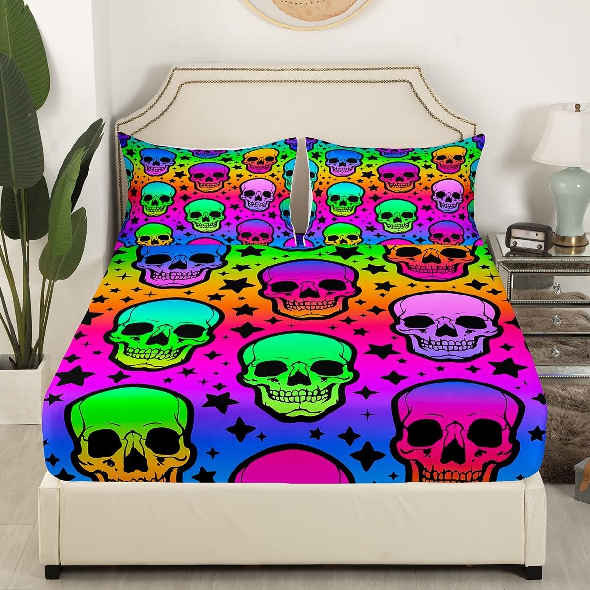 Erosebridal Sábana bajera ajustable de calavera colorida tamaño Queen, diseño de galaxia, diseño de estrellas psicodélicas, juego de cama con diseño