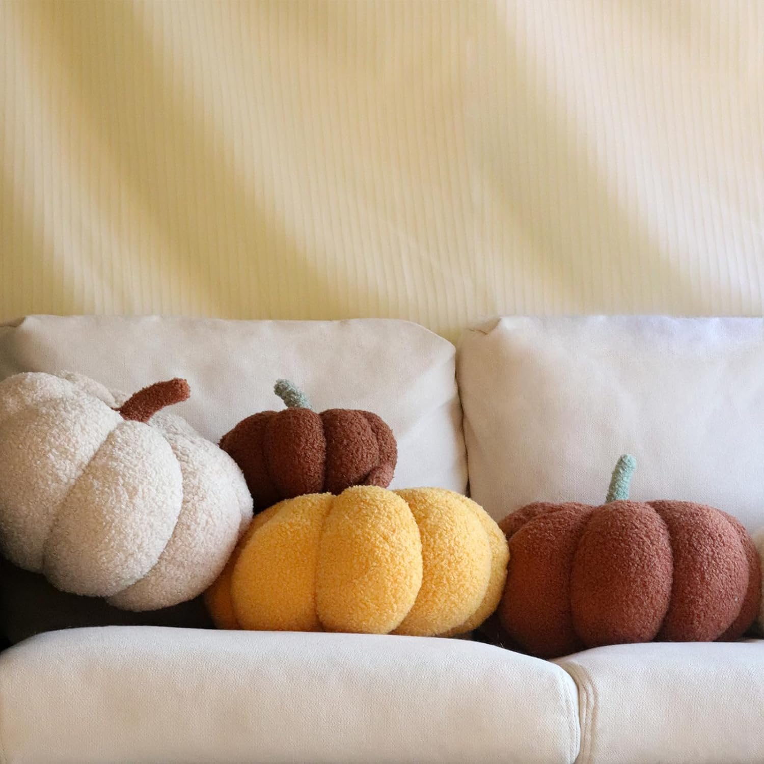 Almohadas de calabaza, almohadas amarillas en forma de calabaza para decoración de habitación, forro polar de peluche de 4 x 7 pulgadas, almohada de