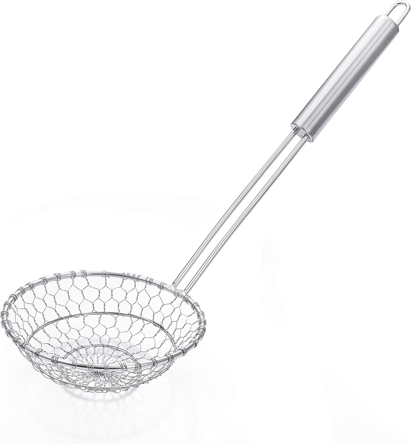 Colador de araña de acero inoxidable, colador de malla de cocina asiática, colador de wok de alambre para cocina, cesta de skimmer de 7 pulgadas,
