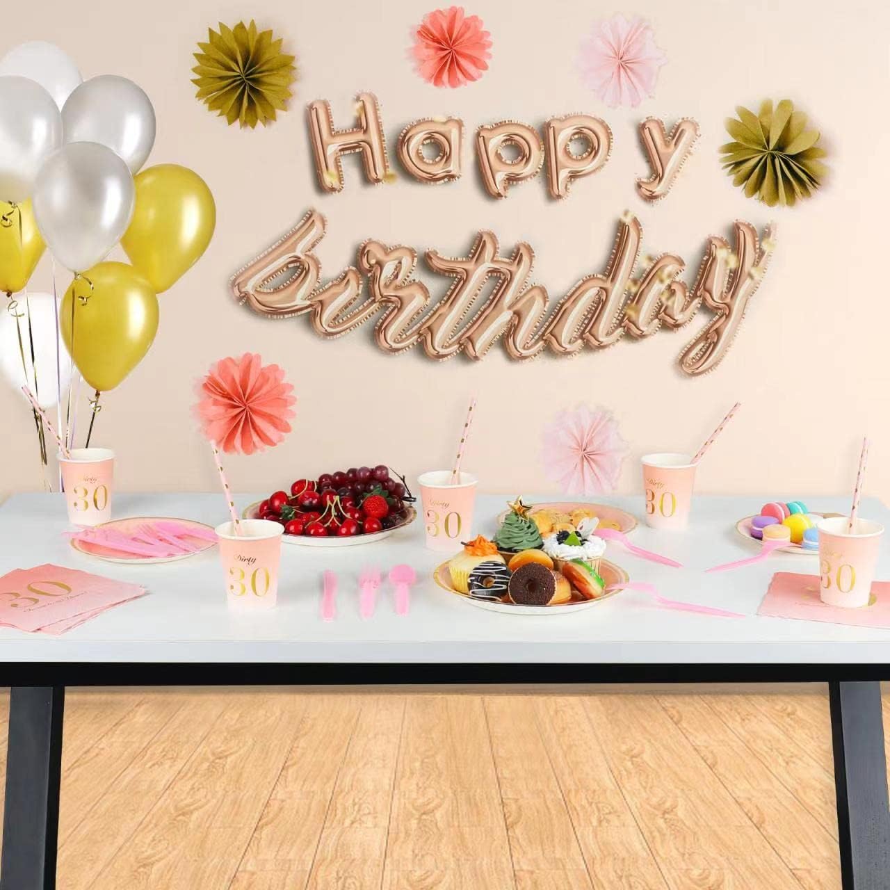 Decoraciones de cumpleaños número 30 para mujer  Total de 194 piezas de vajilla desechable para 24 invitados, incluye platos de papel de 9 pulgadas,