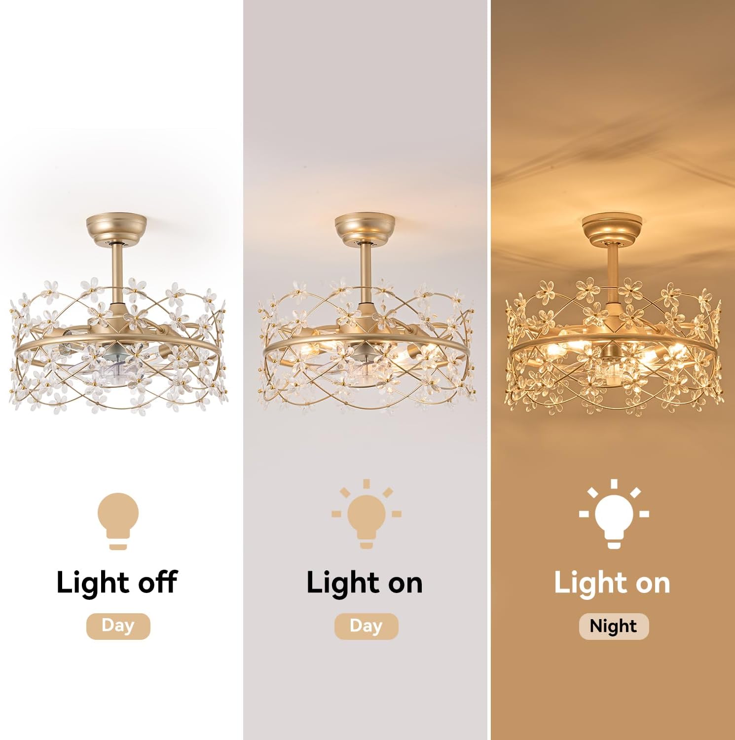 Ventilador de techo enjaulado dorado de 20 pulgadas con luz, ventilador de techo de araña de flores con control remoto de luces, lámpara de cristal