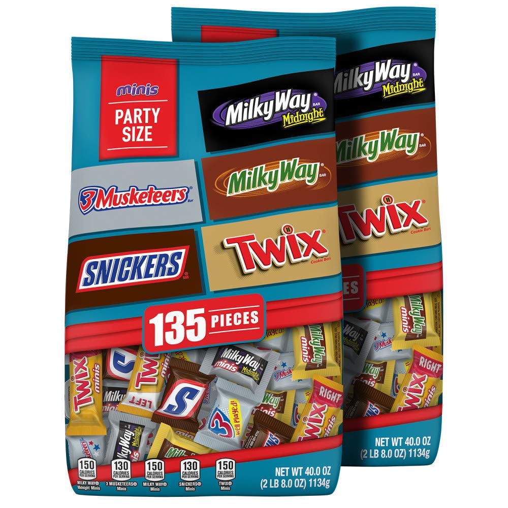 Snickers, Twix, 3 mosqueteros, Milky Way & Milky Way Midnight Minis – Mezcla variada de barras de chocolate de tamaño minis, bolsa de 40 onzas