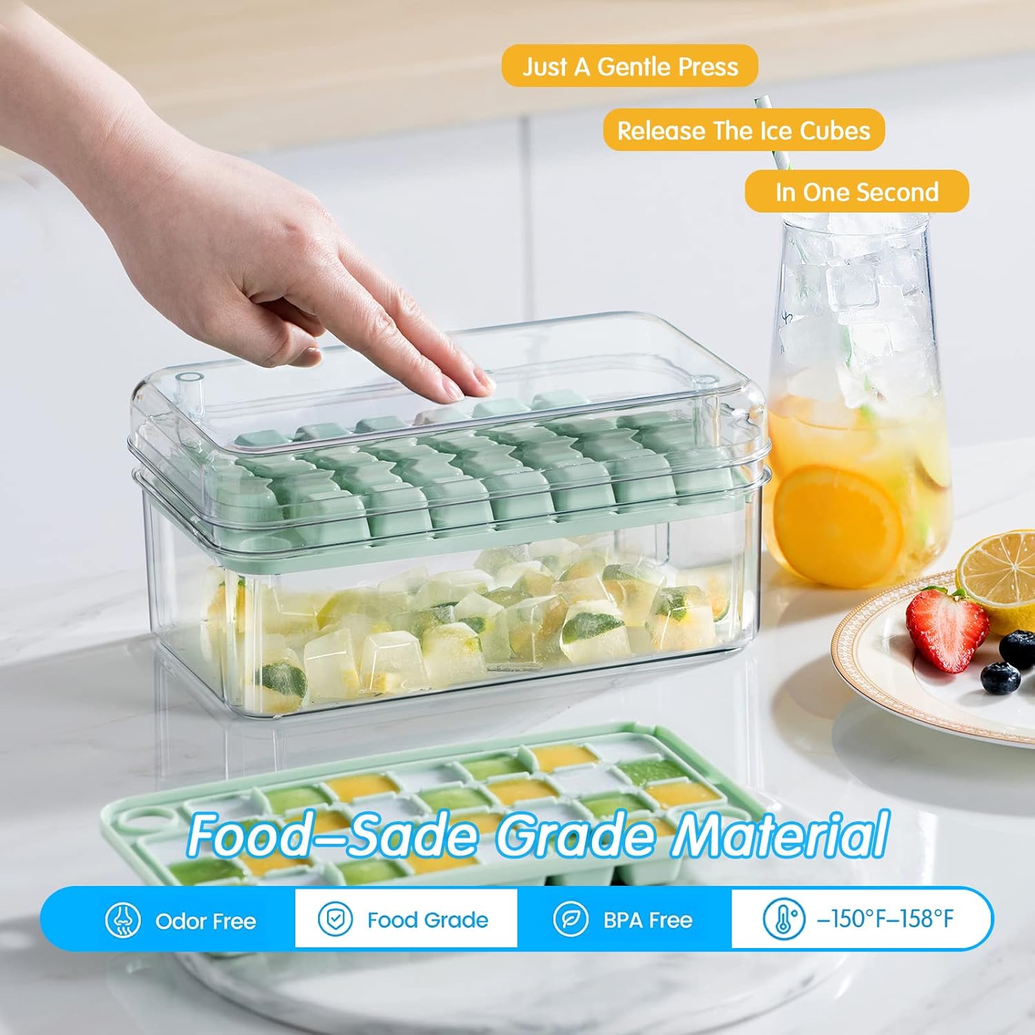 Bandeja cuadrada para cubitos de hielo con tapa y contenedor de almacenamiento, molde para hacer cubitos de hielo para congelador con contenedor,