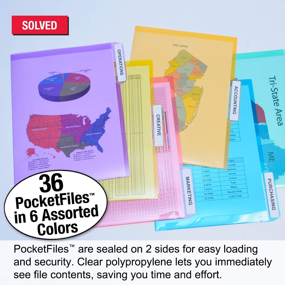 Ultimate Office PocketFile – Carpeta de documentos de polietileno transparente, 3er corte, tamaño carta, en 6 colores surtidos, juego de 36