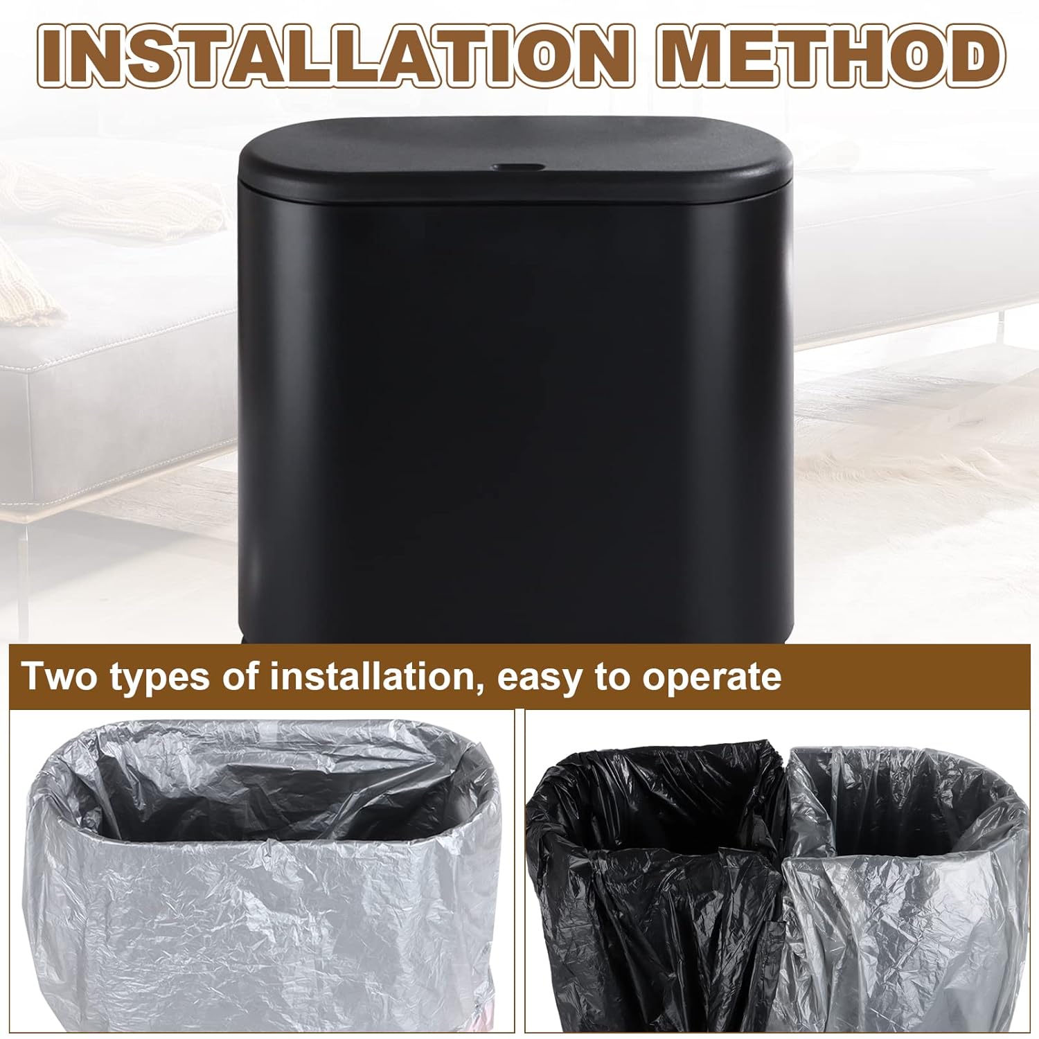 ABuff Cubo de basura pequeño de 12 L con tapa tipo prensa, contenedor de basura delgado de 3.17 galones, cesta de basura de plástico negro para