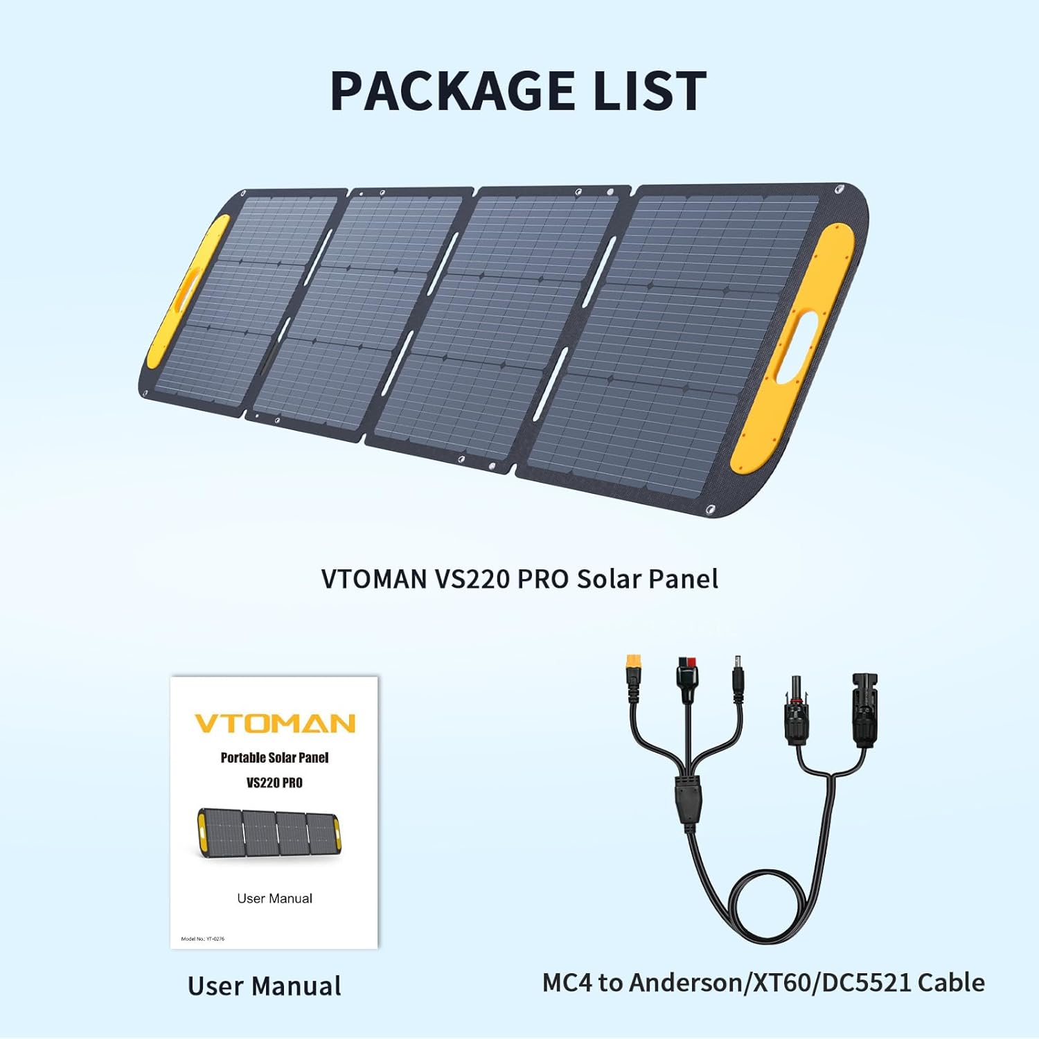 VTOMAN VS220 Pro Panel solar portátil de 220 W 48 V, 23% de eficiencia, panel solar plegable con impermeabilidad IP67 y adaptadores MC-4 Anderson