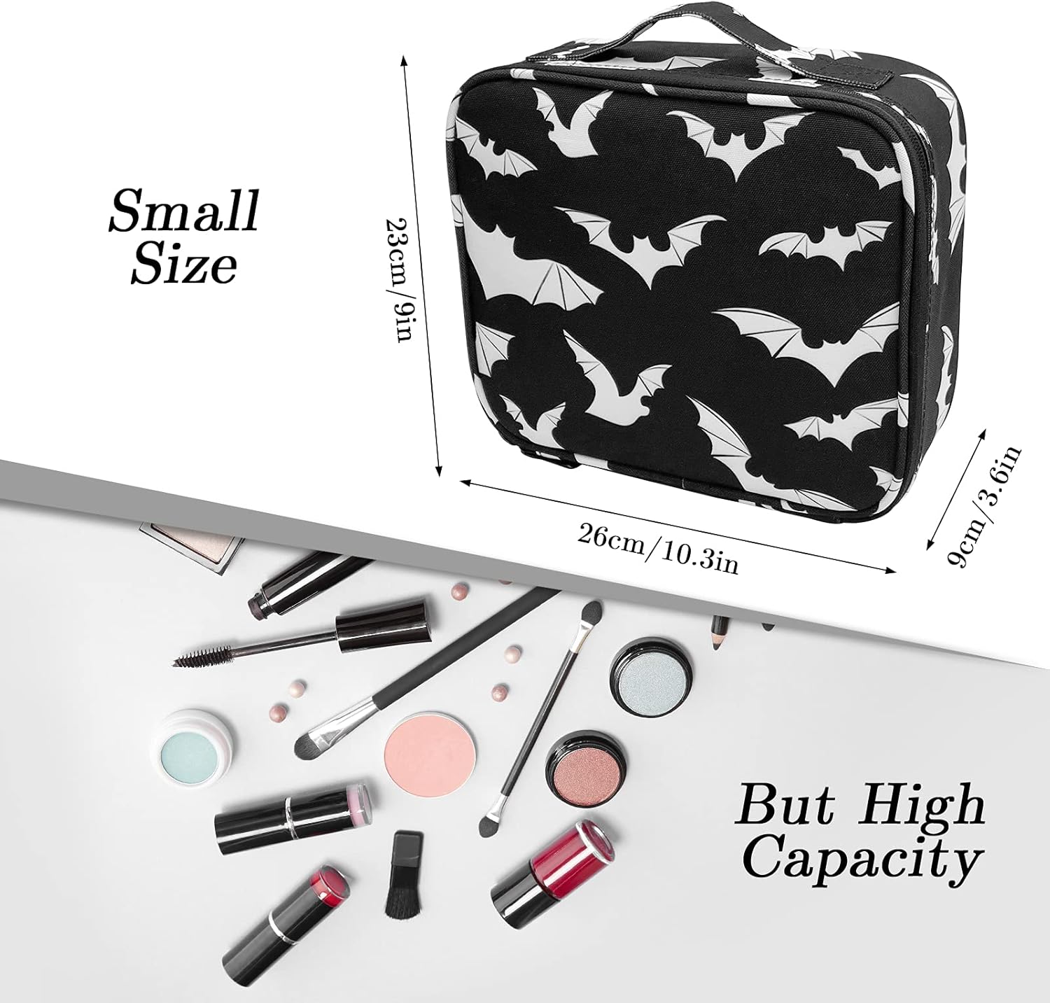 9CH Organizador de bolsas de maquillaje góticas, estuche de viaje grande con divisores ajustables para mujer, Bates góticos-1, Bolsa de maquillaje