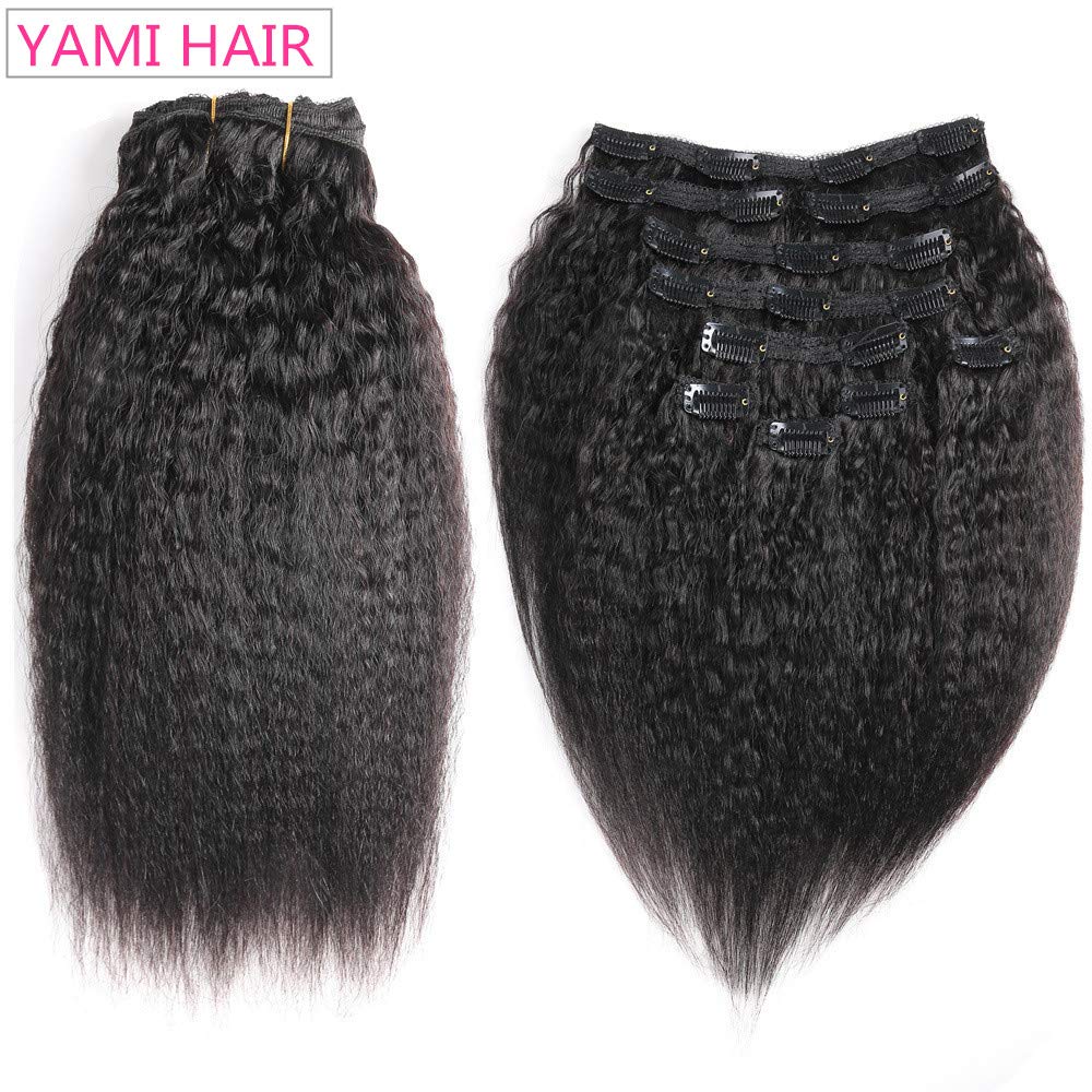 YAMI Extensiones de cabello humano rizado liso con clip, para mujeres negras, 10 unidades, extensiones de cabello humano virgen brasileño con clip,
