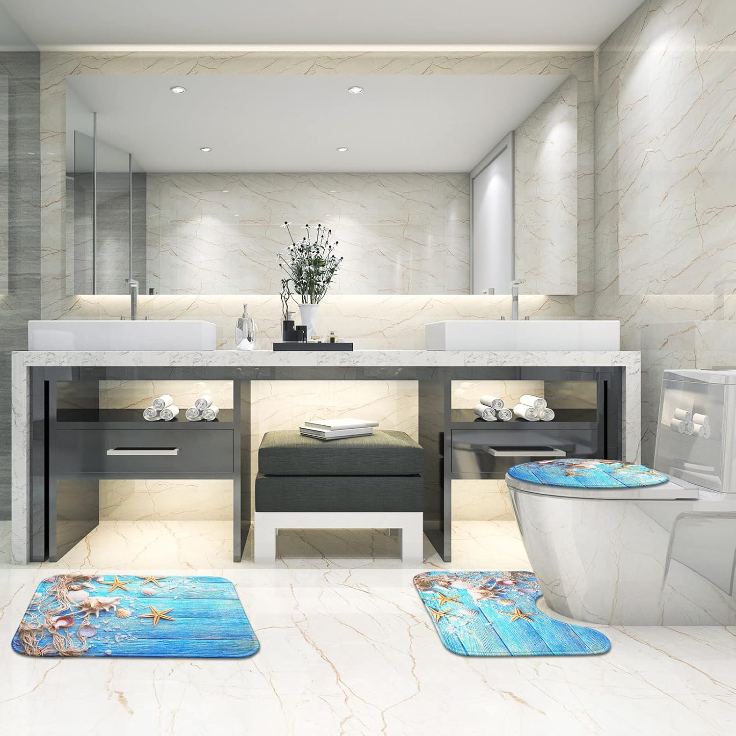 Britimes Juego de 3 tapetes de baño para baño, serie playa, conchas azules, antideslizantes, cubierta lavable, decoración para cocina, baño,