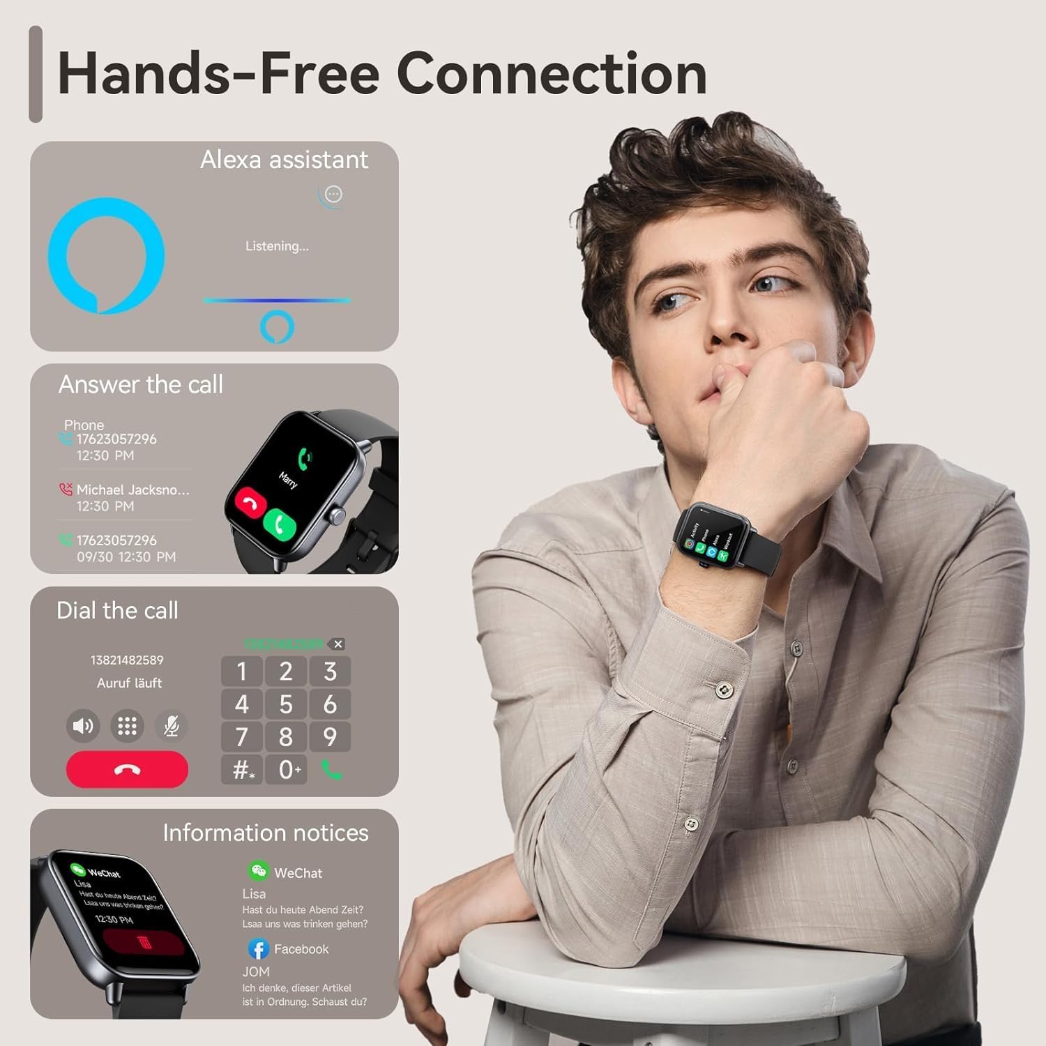 aeac Reloj inteligente para Android e iOS, reloj de fitness de 1.8 pulgadas con Alexa, llamadas Bluetooth, monitor de frecuencia cardíacasueño,