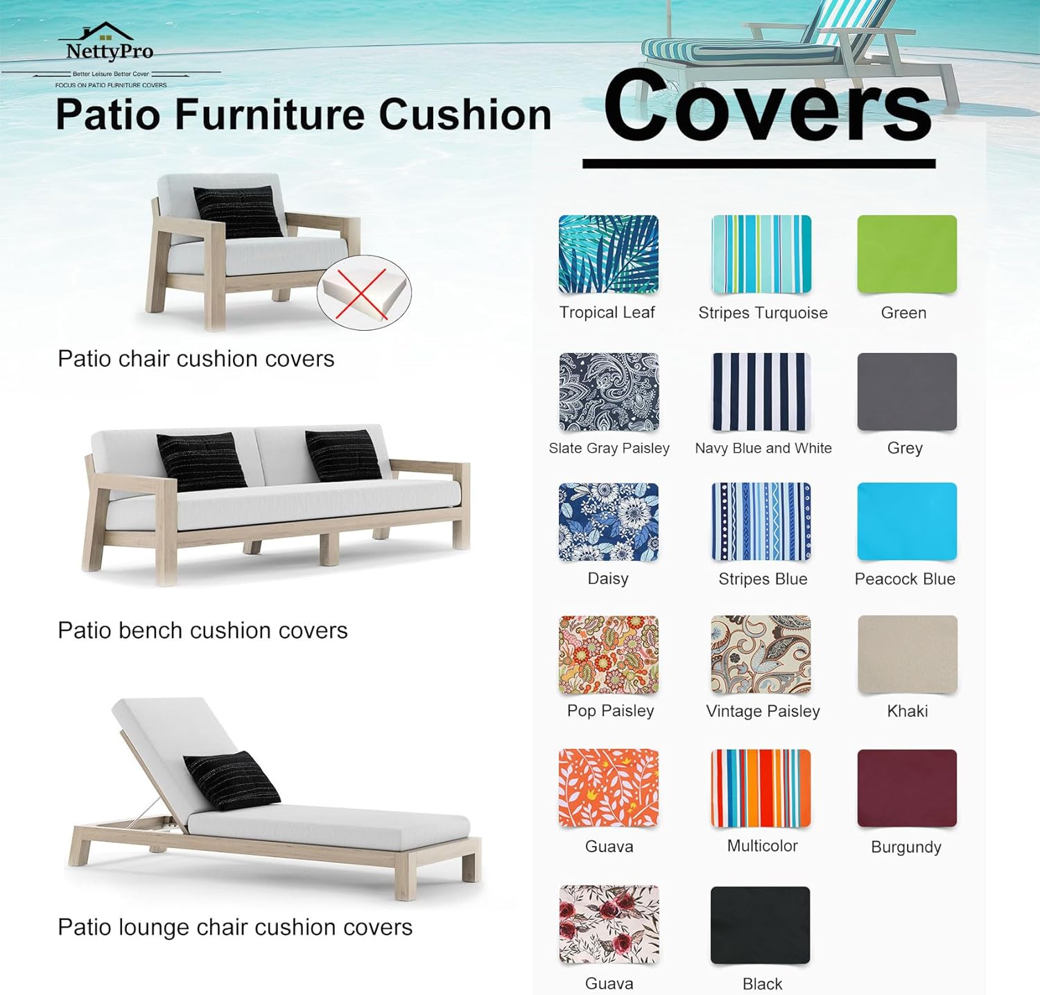 NettyPro Juego de 4 fundas de cojín para exteriores, funda de cojín impermeable para silla de patio, solo funda de repuesto, 22 x 20 x 4 pulgadas