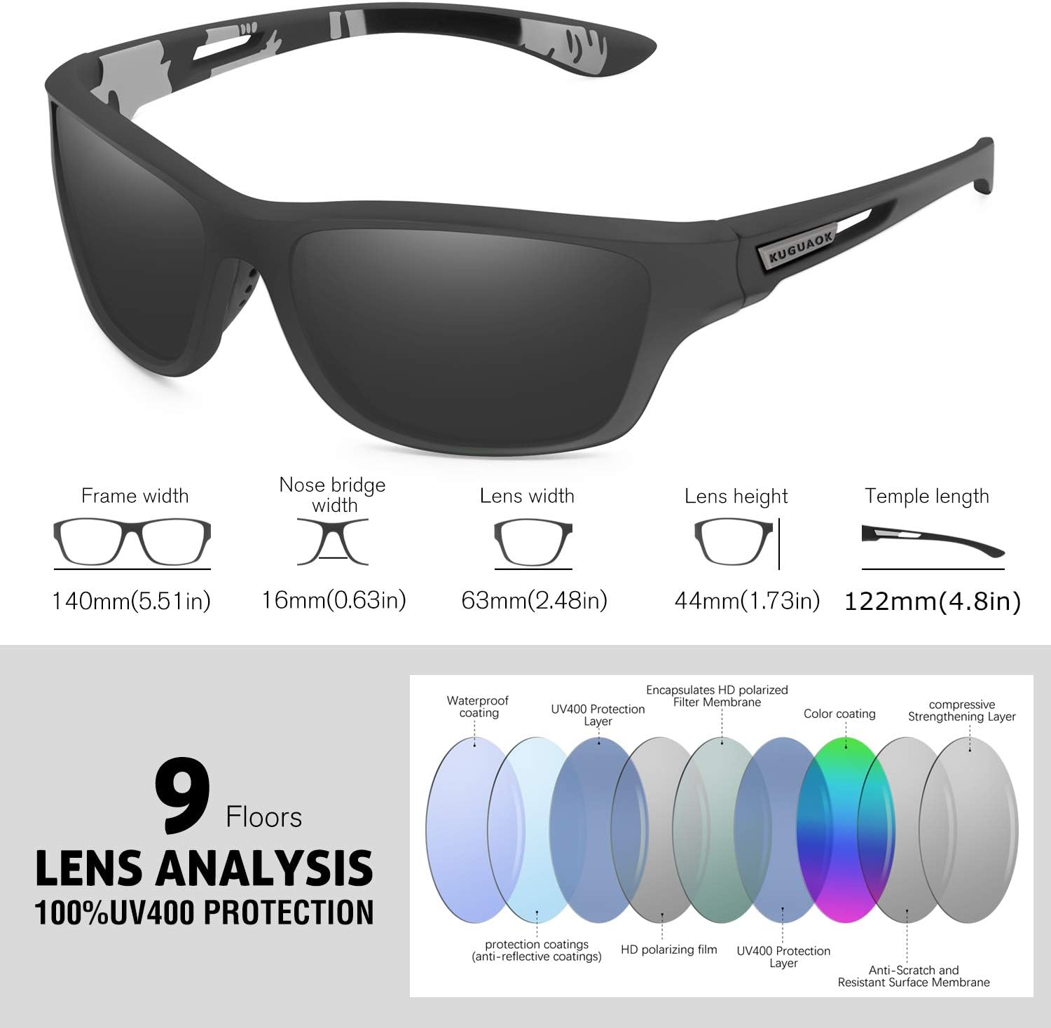 KUGUAOK Gafas de sol deportivas polarizadas para hombres, para conducir, ciclismo, pesca, gafas de sol 100% con protección UV
