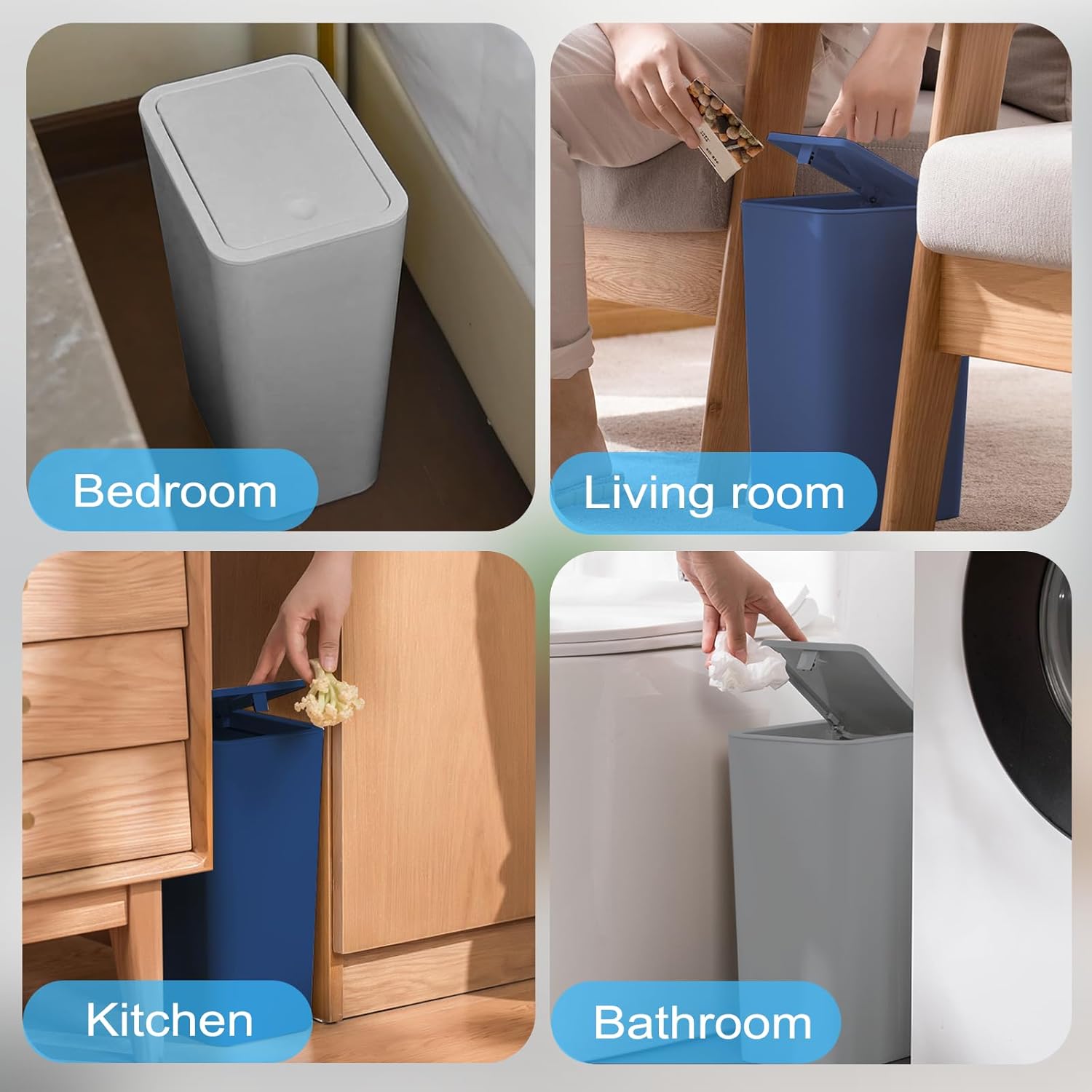 Paquete de 3 cubos de basura pequeños para baño con tapa, papelera delgada de 10 litros2.6 galones con tapa desplegable para dormitorio, oficina,