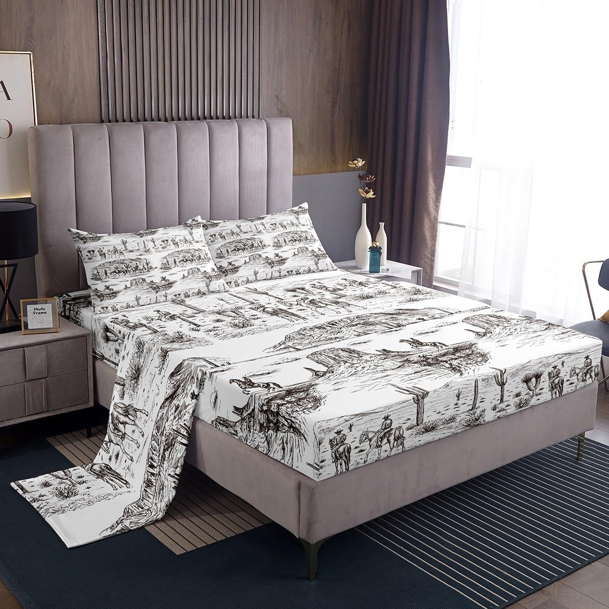 Southwest Cowboy – Juego de sábanas tamaño King, juego de ropa de cama del desierto occidental, 4 piezas, color negro y blanco, para niños, hombres,