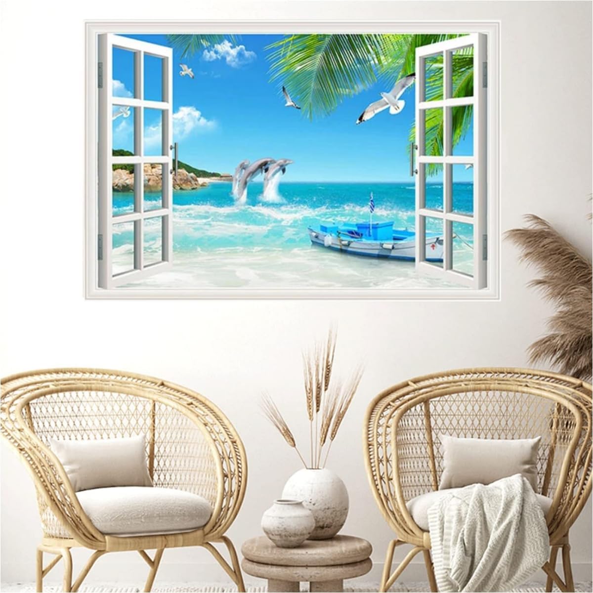 HOTIYOK Calcomanías de pared falsas de océano, diseño de delfines y animales marinos, hojas verdes, gaviotas, mural de pared para ventana, póster