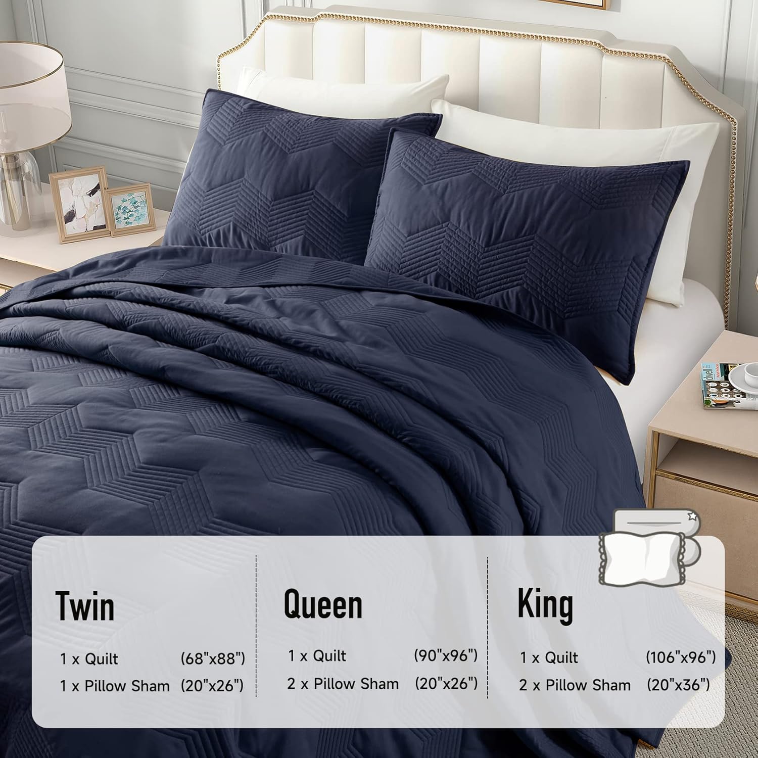 Juego de edredón Queen azul marino con patrón de cheurón, colcha de microfibra ligera de verano, juego de ropa de cama suave para todas las