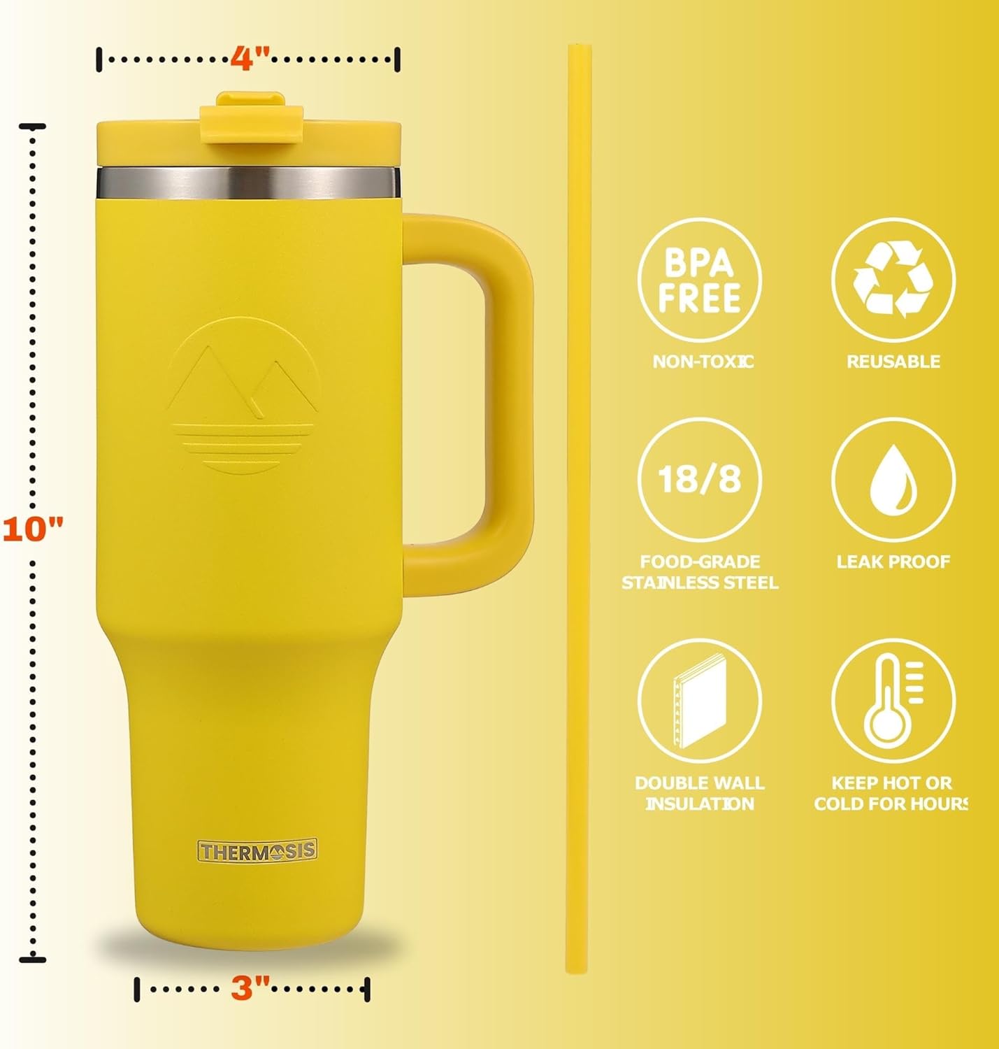 Vaso de 40 onzas con asa y popote, vaso aislado de 40 onzas con tapa y popote, vaso multiusos de 40 onzas con asa, vaso de acero inoxidable con tapa