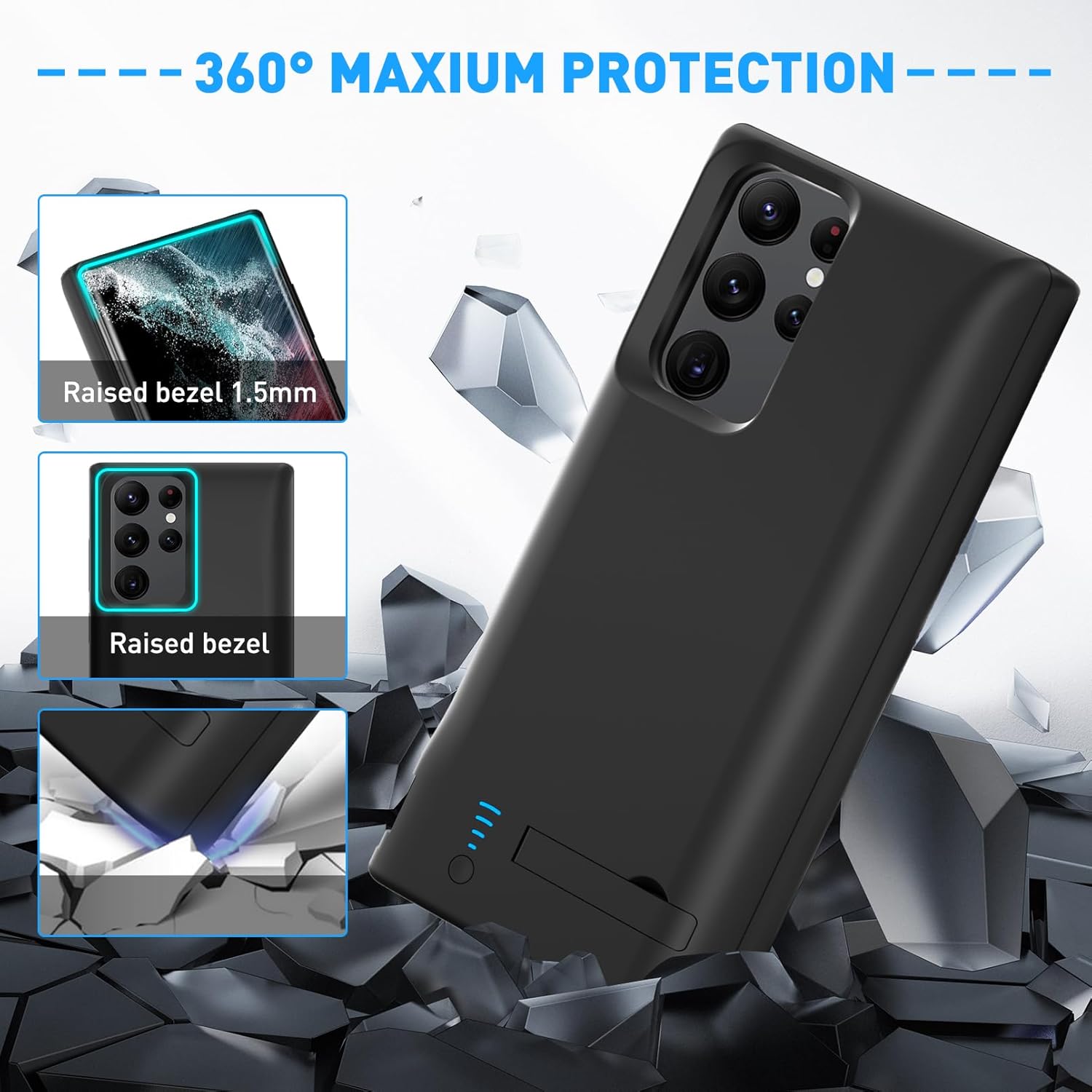 Galaxy S22 Ultra – Funda de batería con función atril y doble dispositivo de carga y 5000 mAh, funda de cargador de respaldo recargable para Samsung