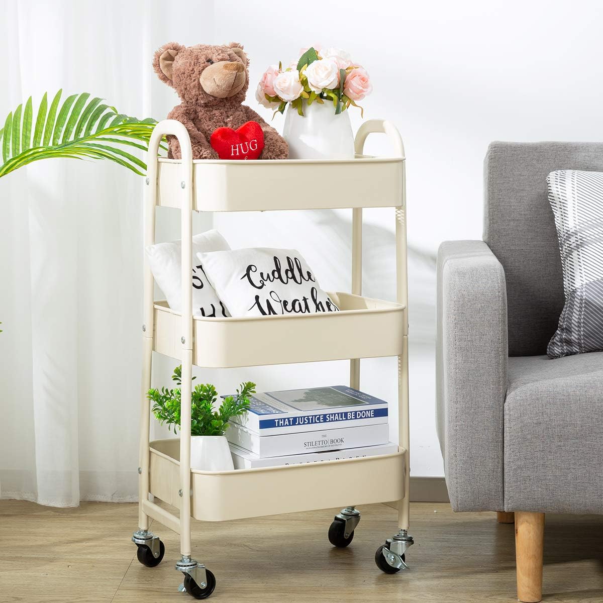 AGTEK Carrito de maquillaje, Carrito organizador móvil rodante,Carrito utilitario de metal de 3 niveles, Beige